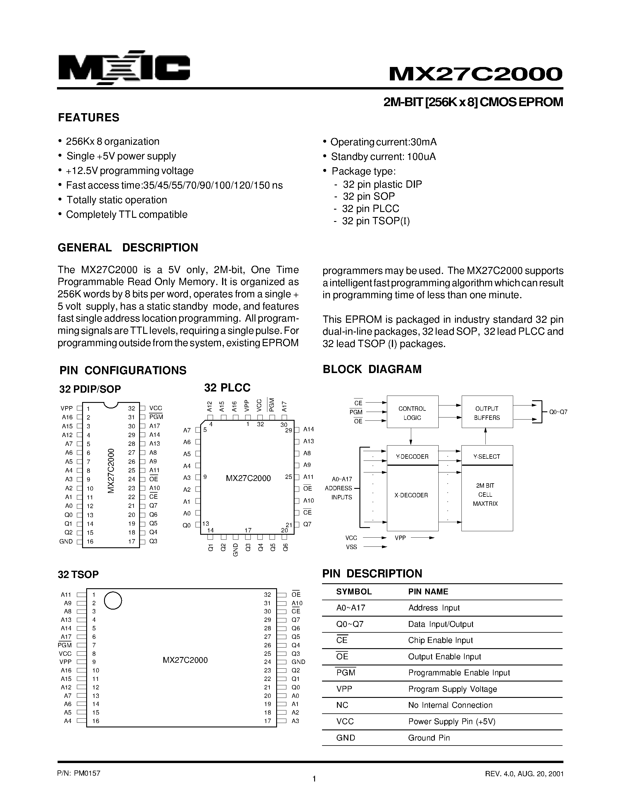 Datasheet MX27C2000 - 2M-BIT [256K x 8] CMOS EPROM page 1