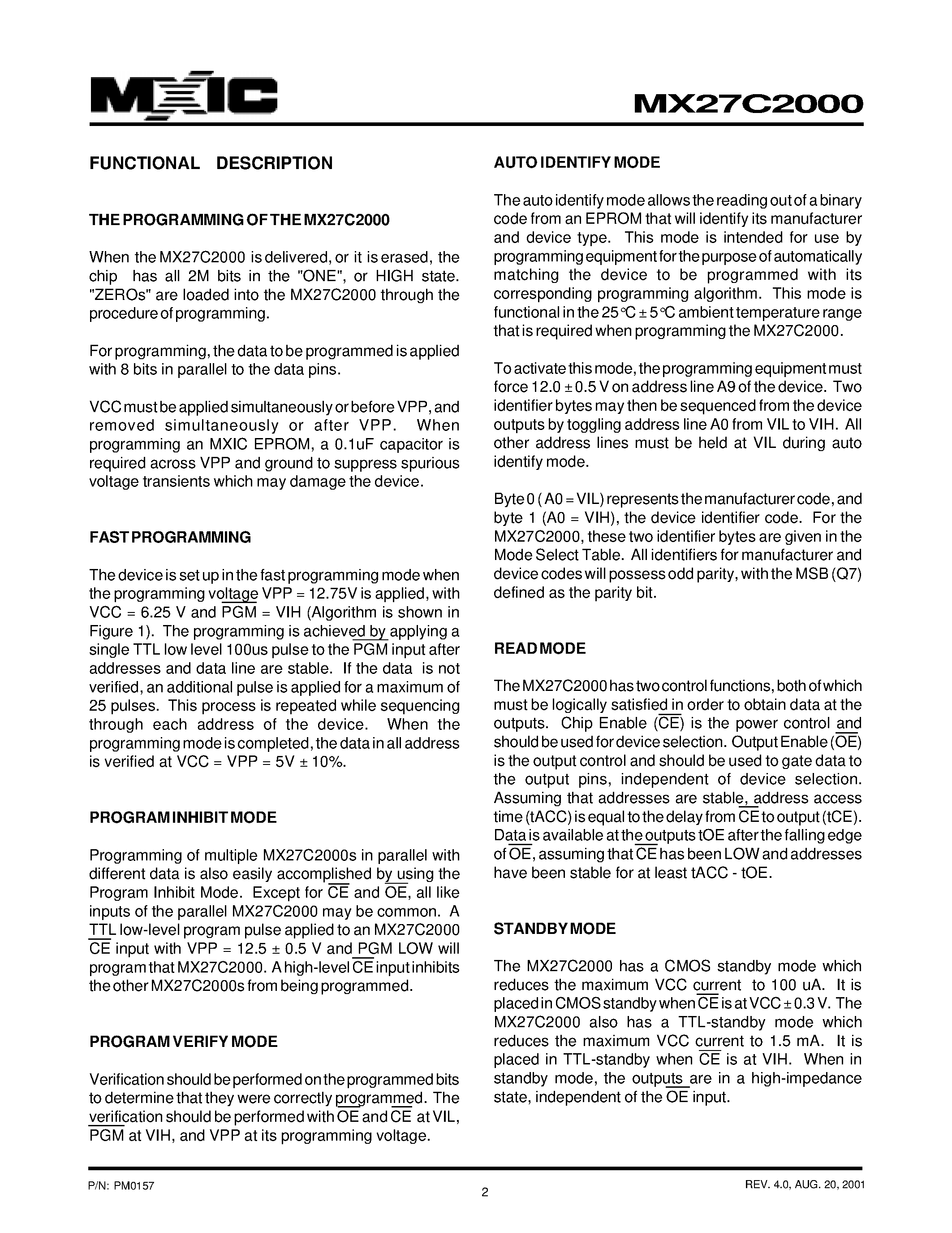 Datasheet MX27C2000 - 2M-BIT [256K x 8] CMOS EPROM page 2