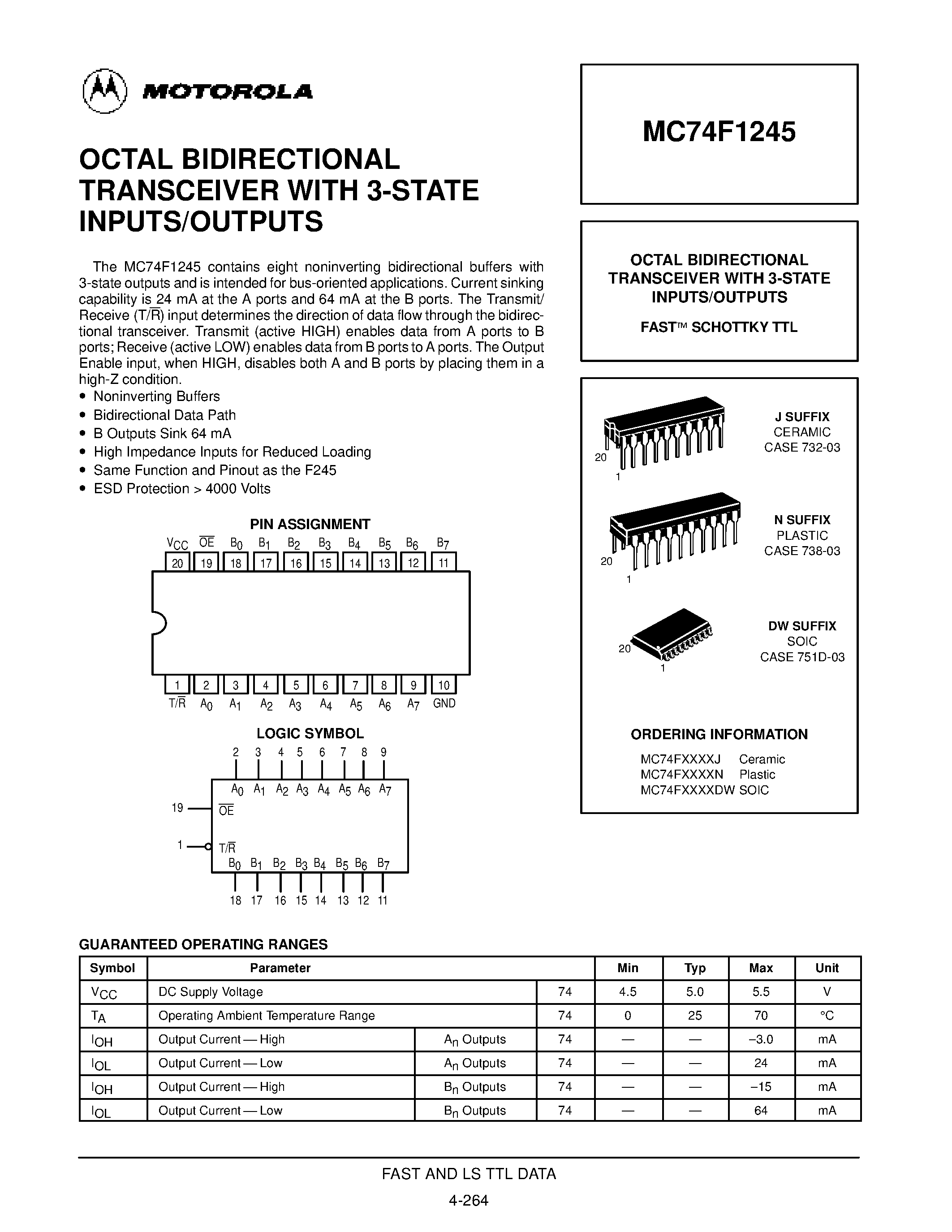 Даташит MC74F1245 - OCTAL BIDIRECTIONAL TRANSCEIVER WITH 3-STATE INPUTS/OUTPUTS страница 1