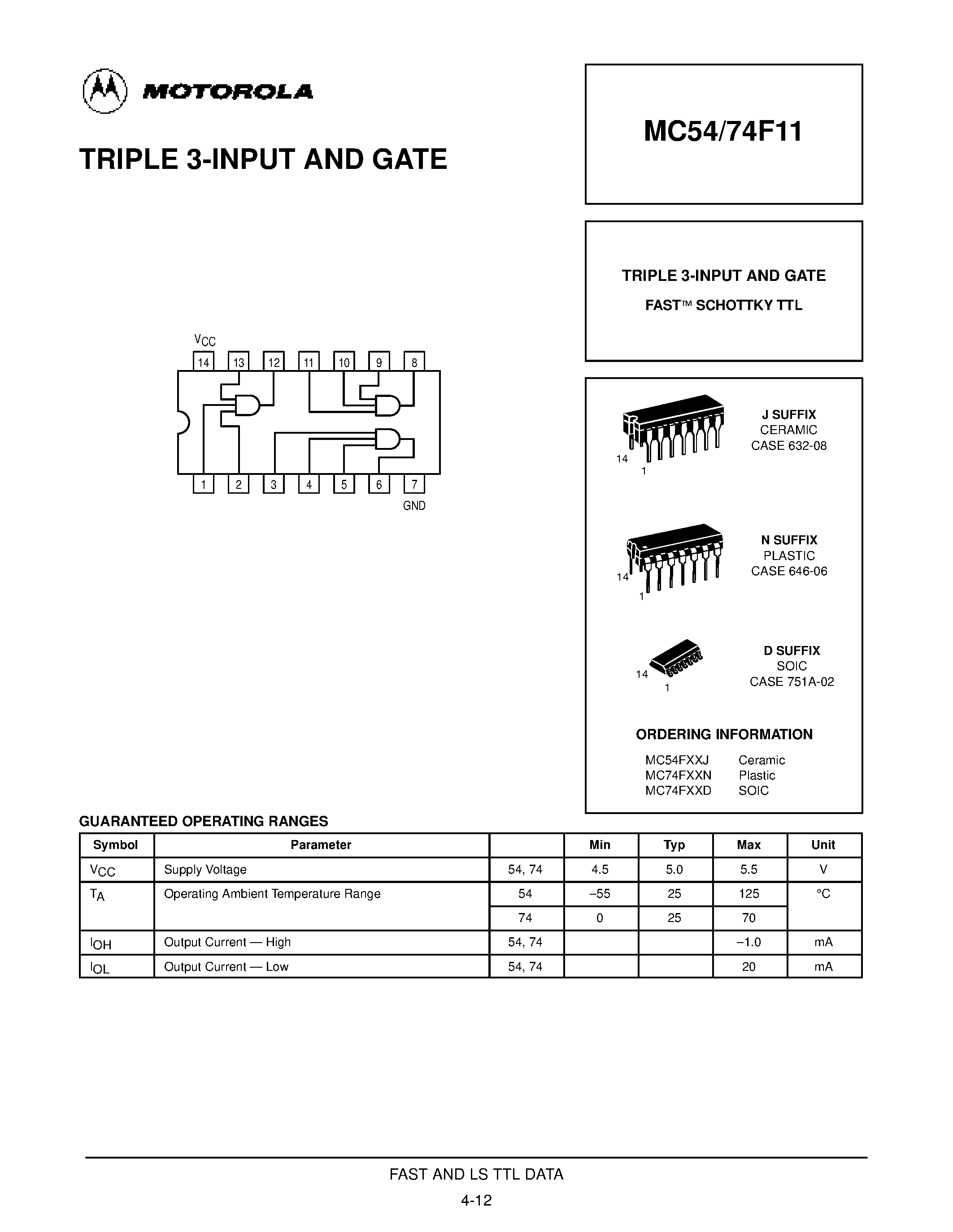 Даташит MC74F11 - TRIPLE 3-INPUT AND GATE FAST SCHOTTKY TTL страница 1