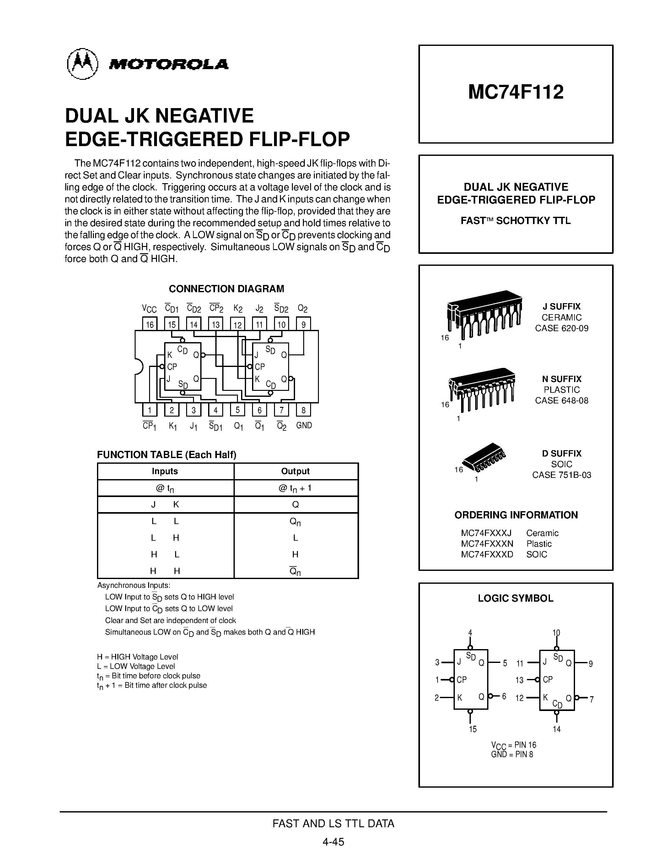 Даташит MC74F112 - DUAL JK NEGATIVE EDGE-TRIGGERED FLIP-FLOP страница 1