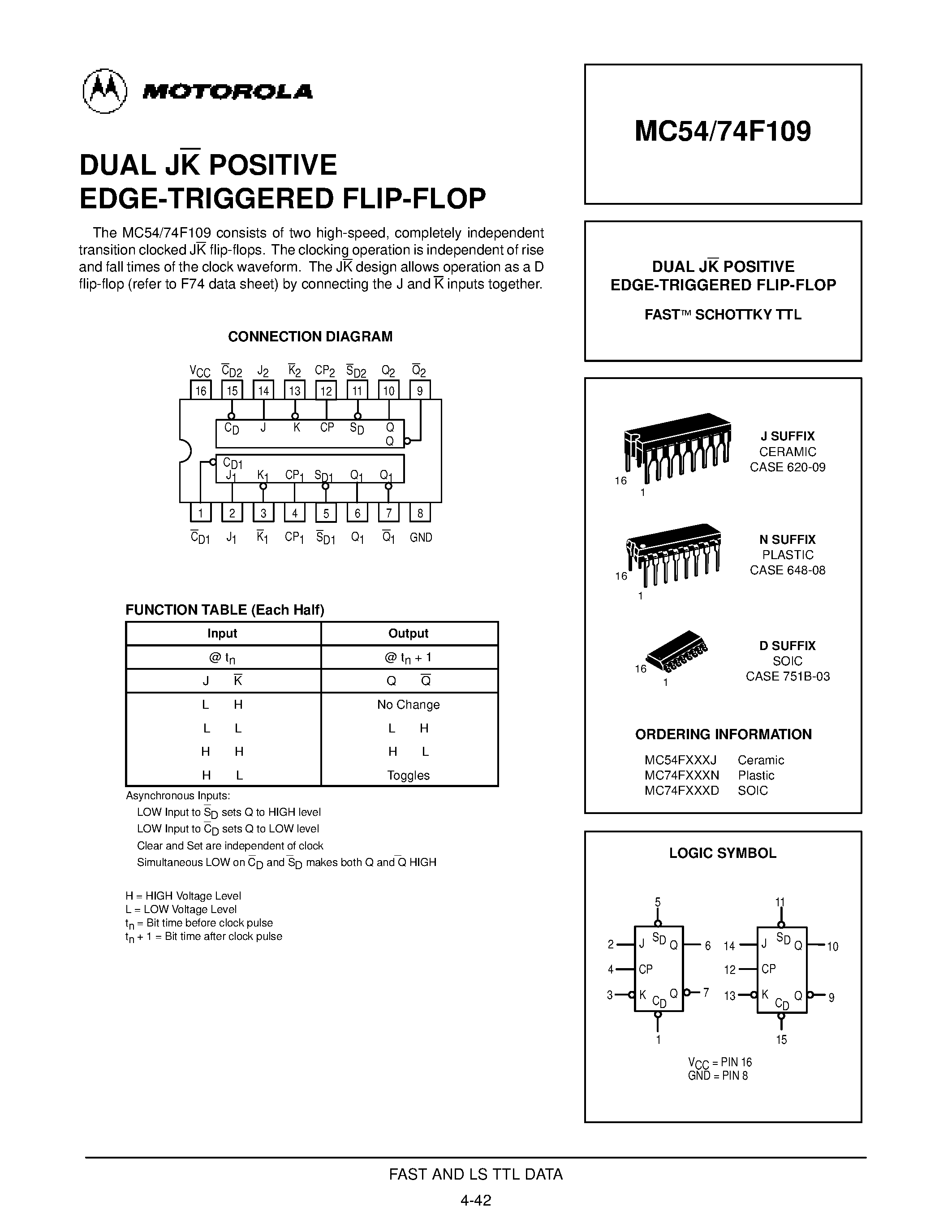Даташит MC74F109 - DUAL JK POSITIVE EDGE-TRIGGERED FLIP-FLOP FAST SCHOTTKY TTL страница 1