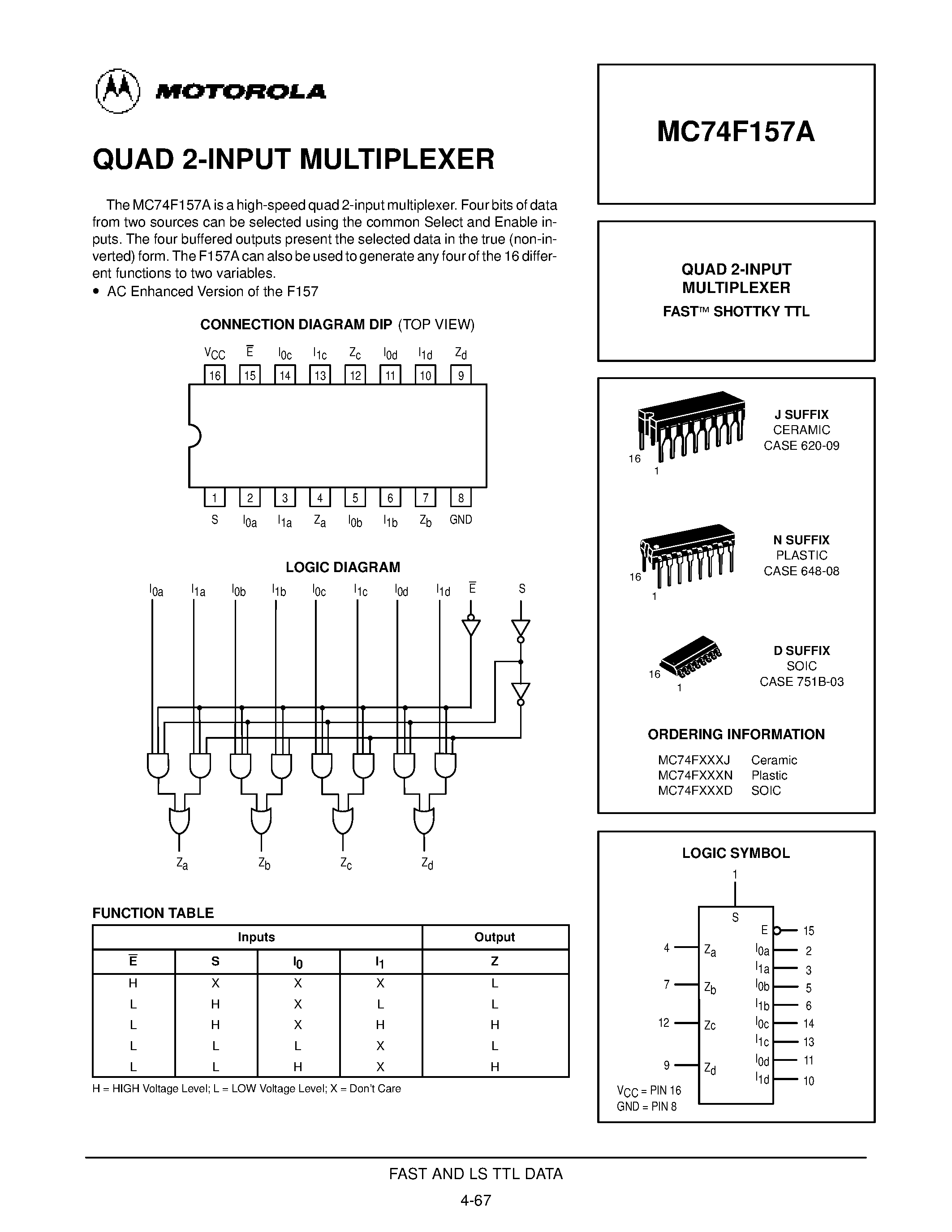 Даташит MC74F157A - QUAD 2-INPUT MULTIPLEXER страница 1