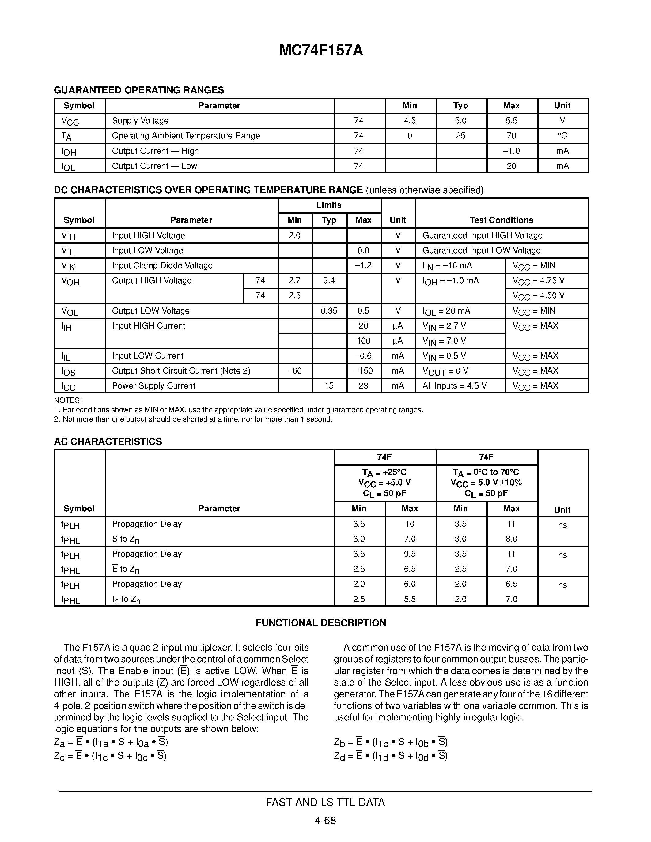 Даташит MC74F157A - QUAD 2-INPUT MULTIPLEXER страница 2