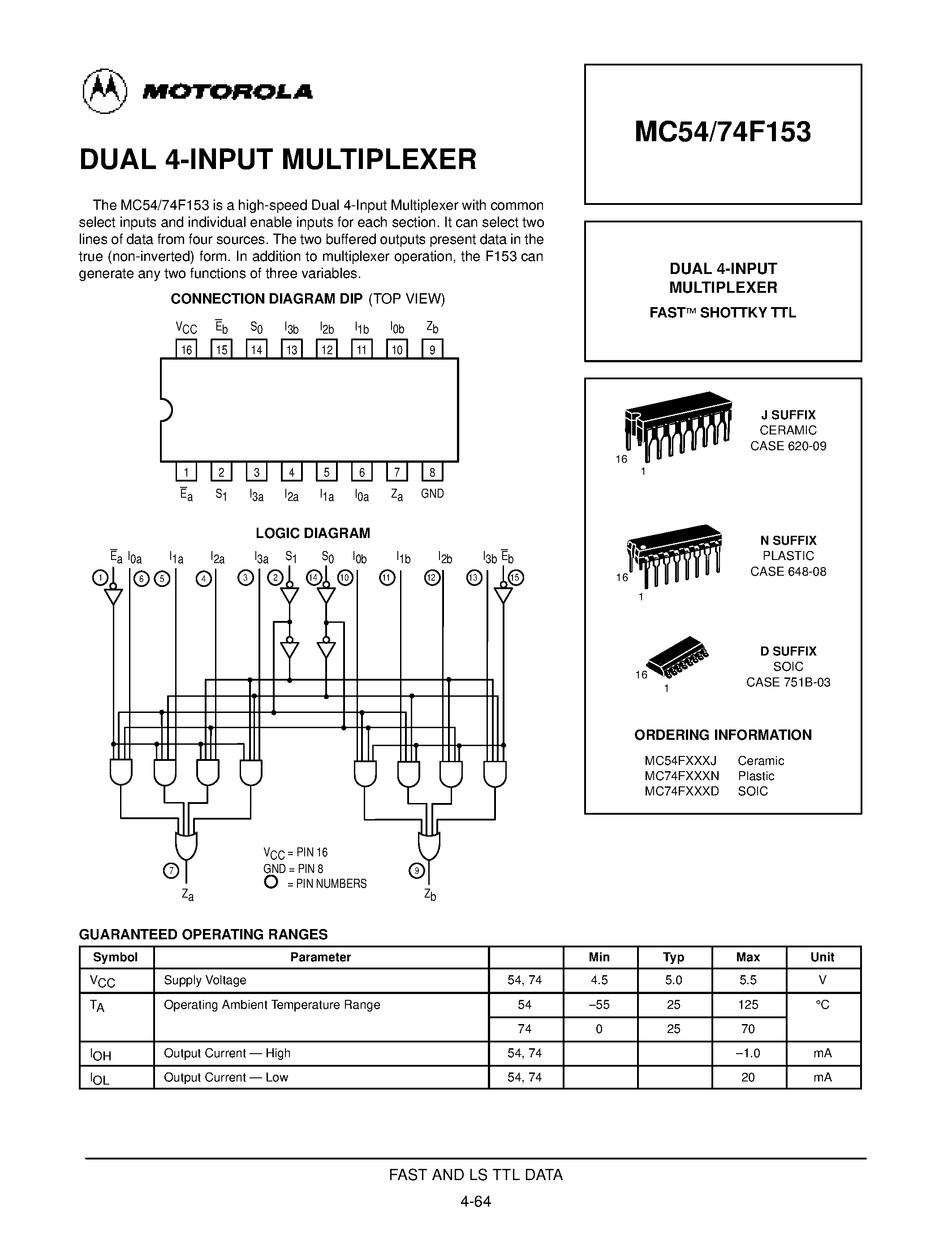 Datasheet MC74F153 - DUAL 4-INPUT MULTIPLEXER page 1