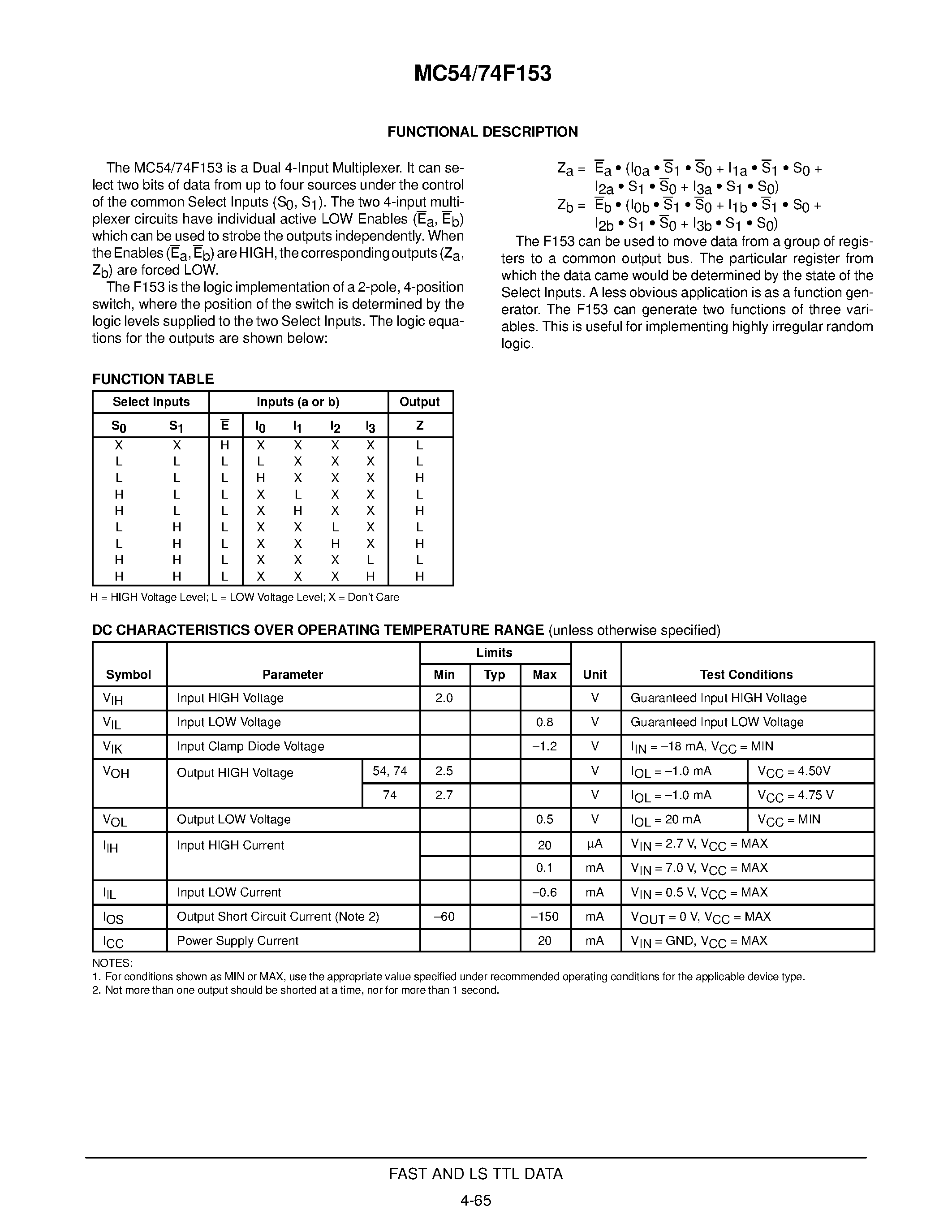 Datasheet MC74F153 - DUAL 4-INPUT MULTIPLEXER page 2