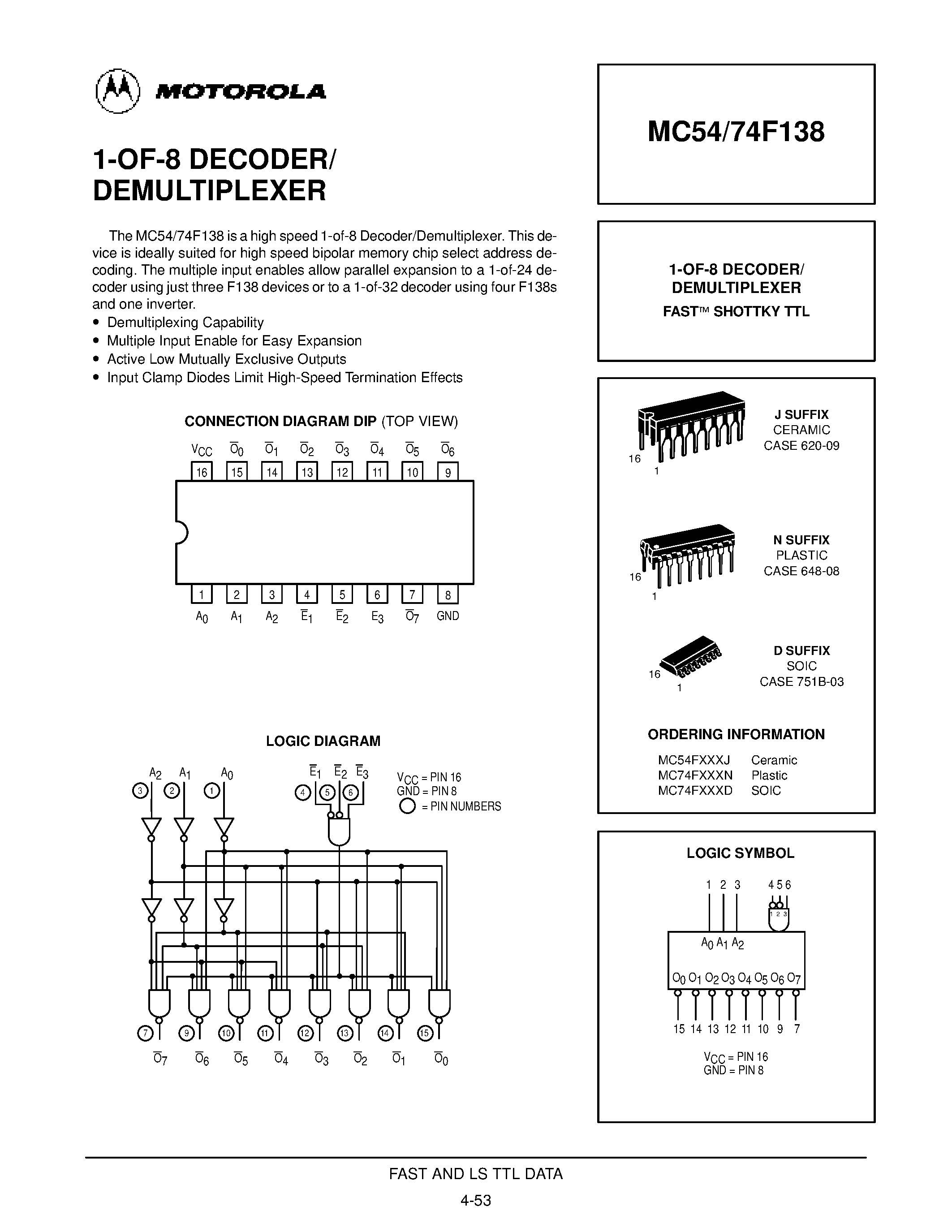 Даташит MC74F138 - 1-OF-8 DECODER/ DEMULTIPLEXER страница 1