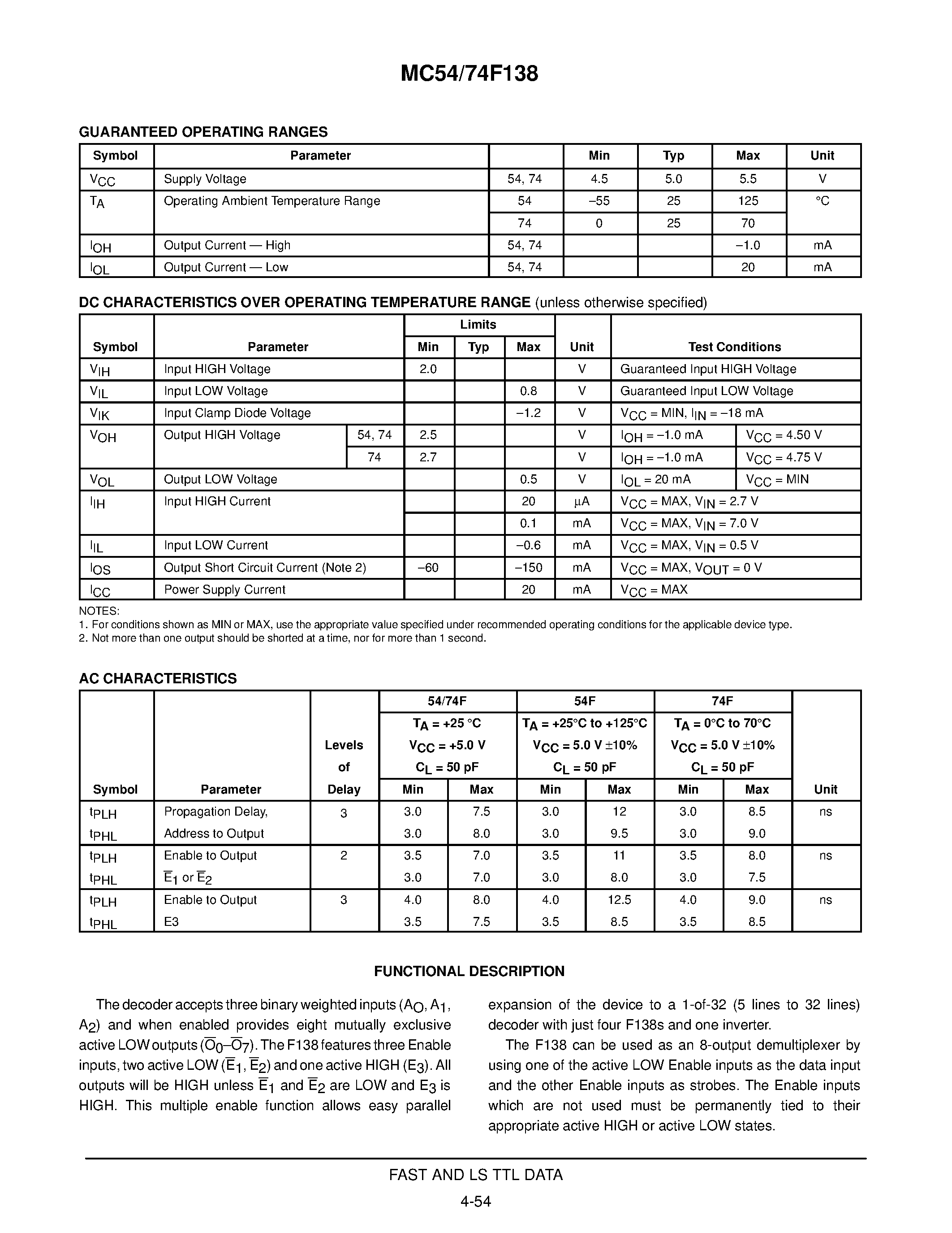 Даташит MC74F138 - 1-OF-8 DECODER/ DEMULTIPLEXER страница 2