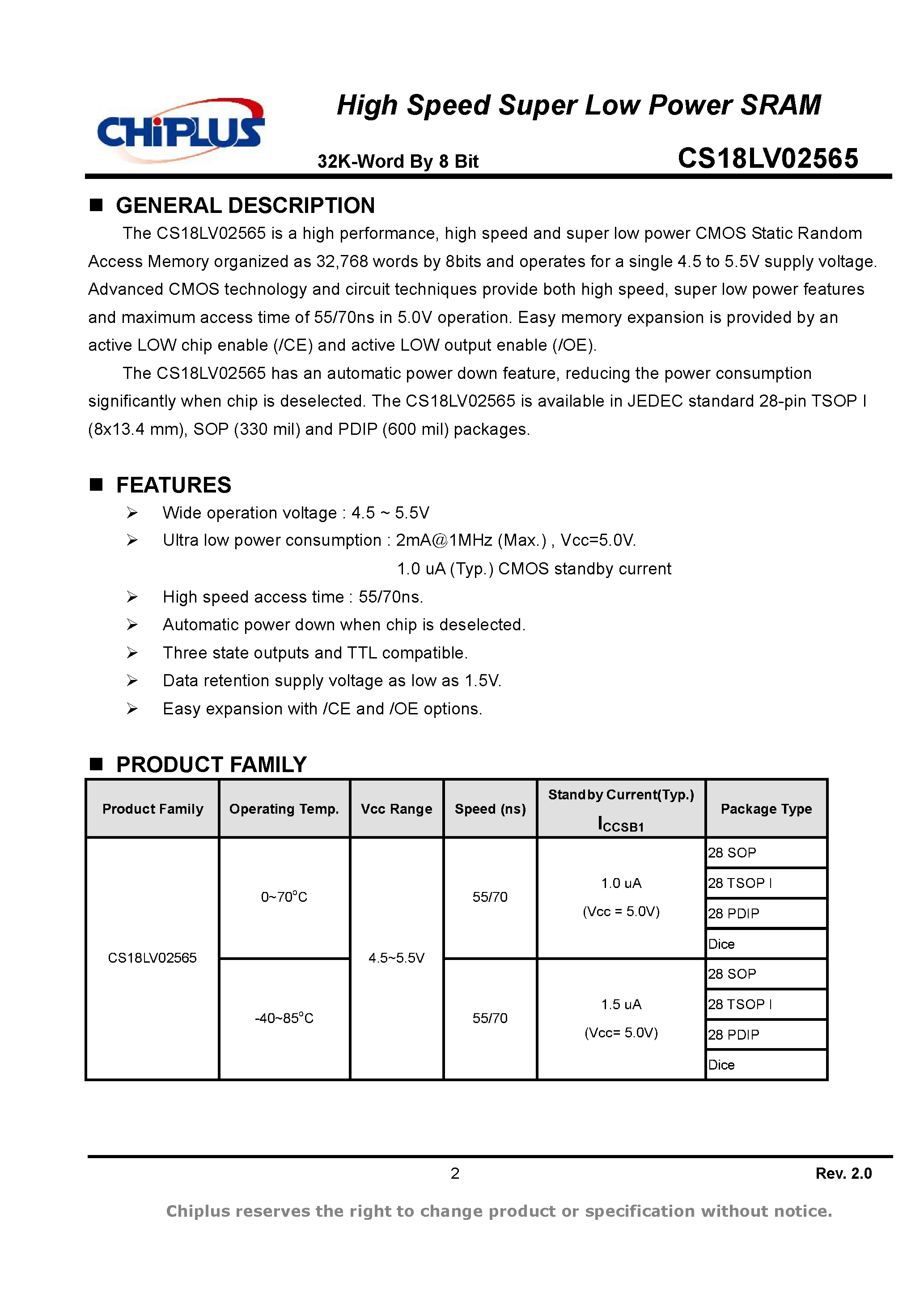 Даташит на микросхему CS18LV02565 страница 2 Даташит CS18LV02565 - HIGH SPEED SUPER LOW POWER SRAM страница 2