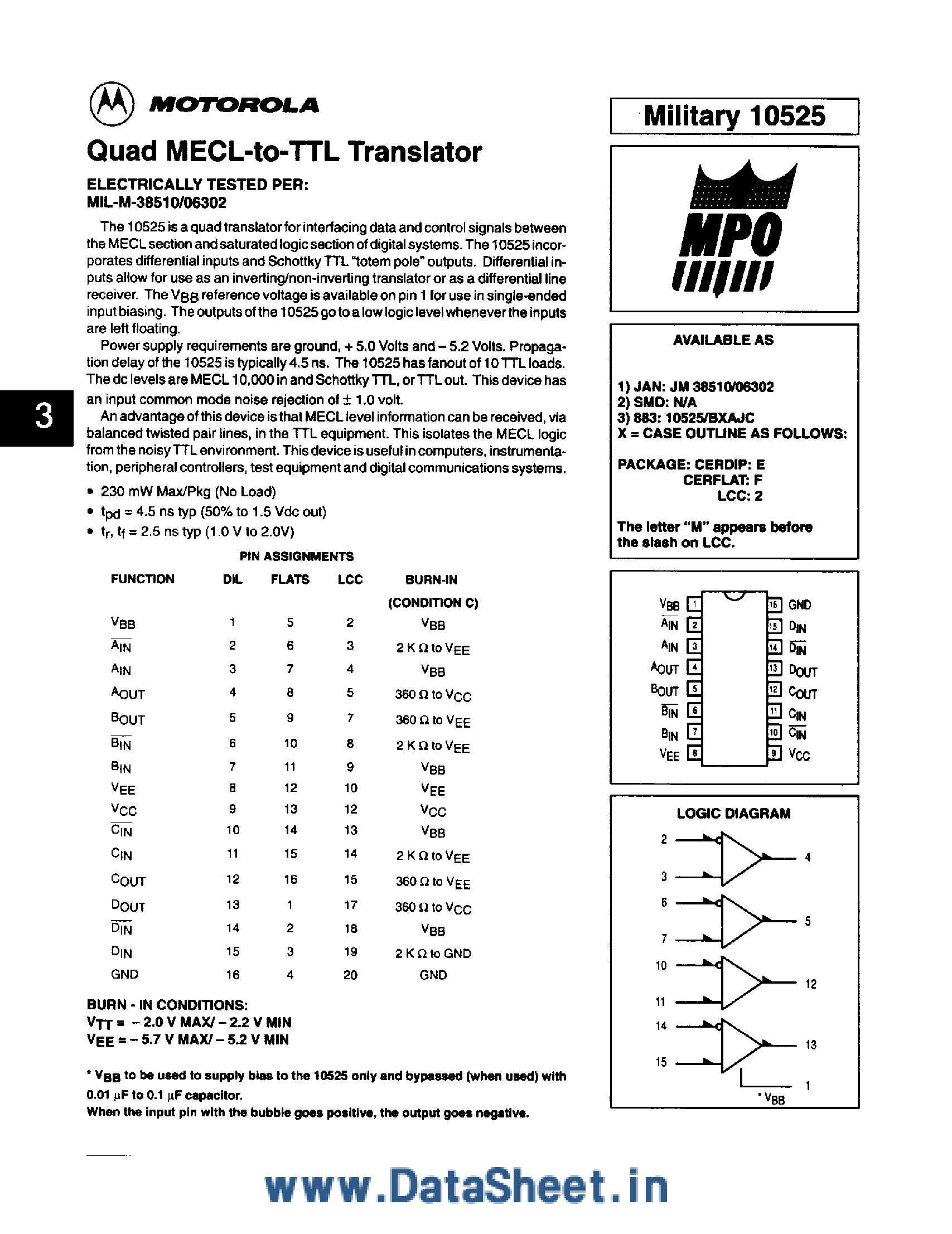 Даташит MC10525 - Quad MECL-to-TTL Translator страница 1