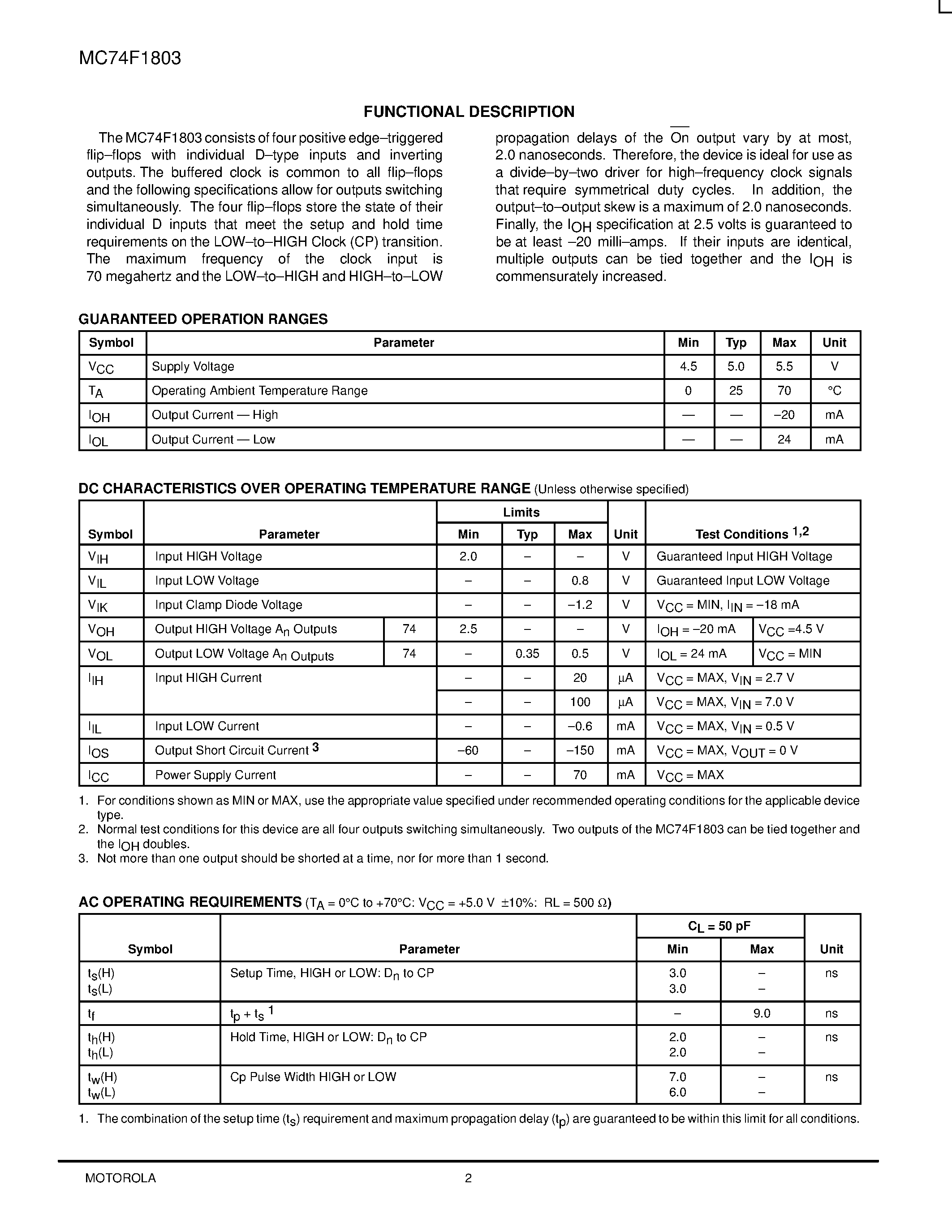 Даташит MC74F1803 - CLOCK DRIVER QUAD D-TYPE FLIP-FLOP WITH MATCHED PROPAGATION DELAYS страница 2
