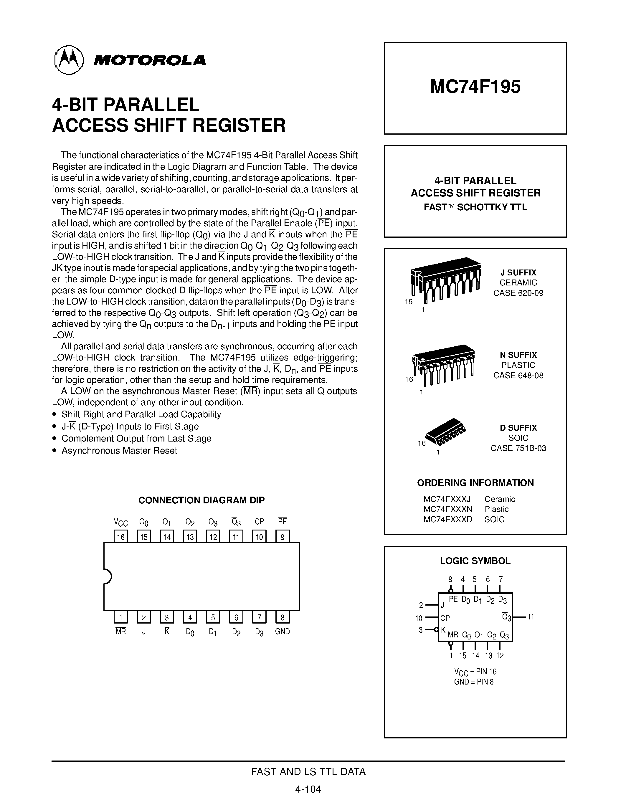 Datasheet MC74F195 - 4-BIT PARALLEL ACCESS SHIFT REGISTER page 1