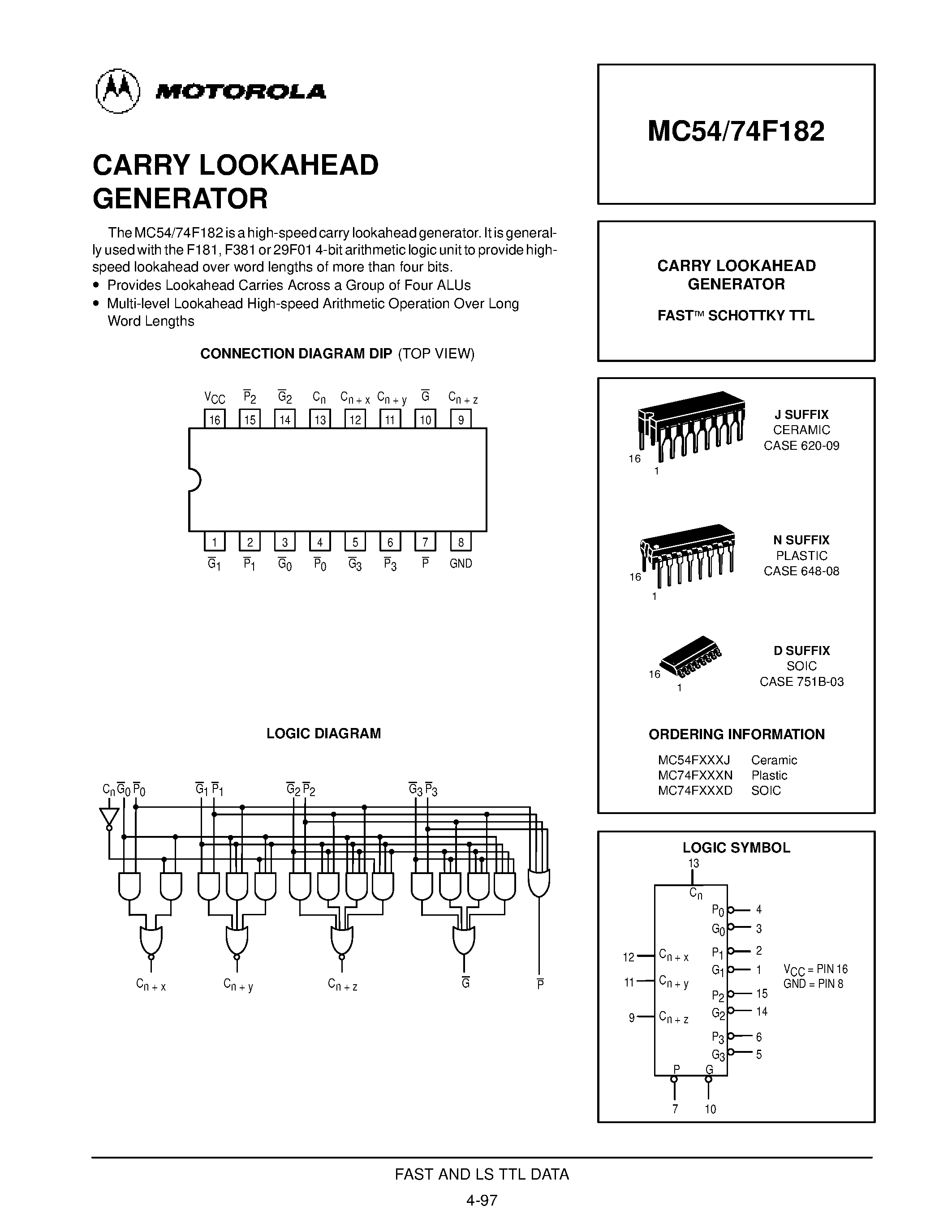 Даташит MC74F182 - CARRY LOOKAHEAD GENERATOR FAST SCHOTTKY TTL страница 1