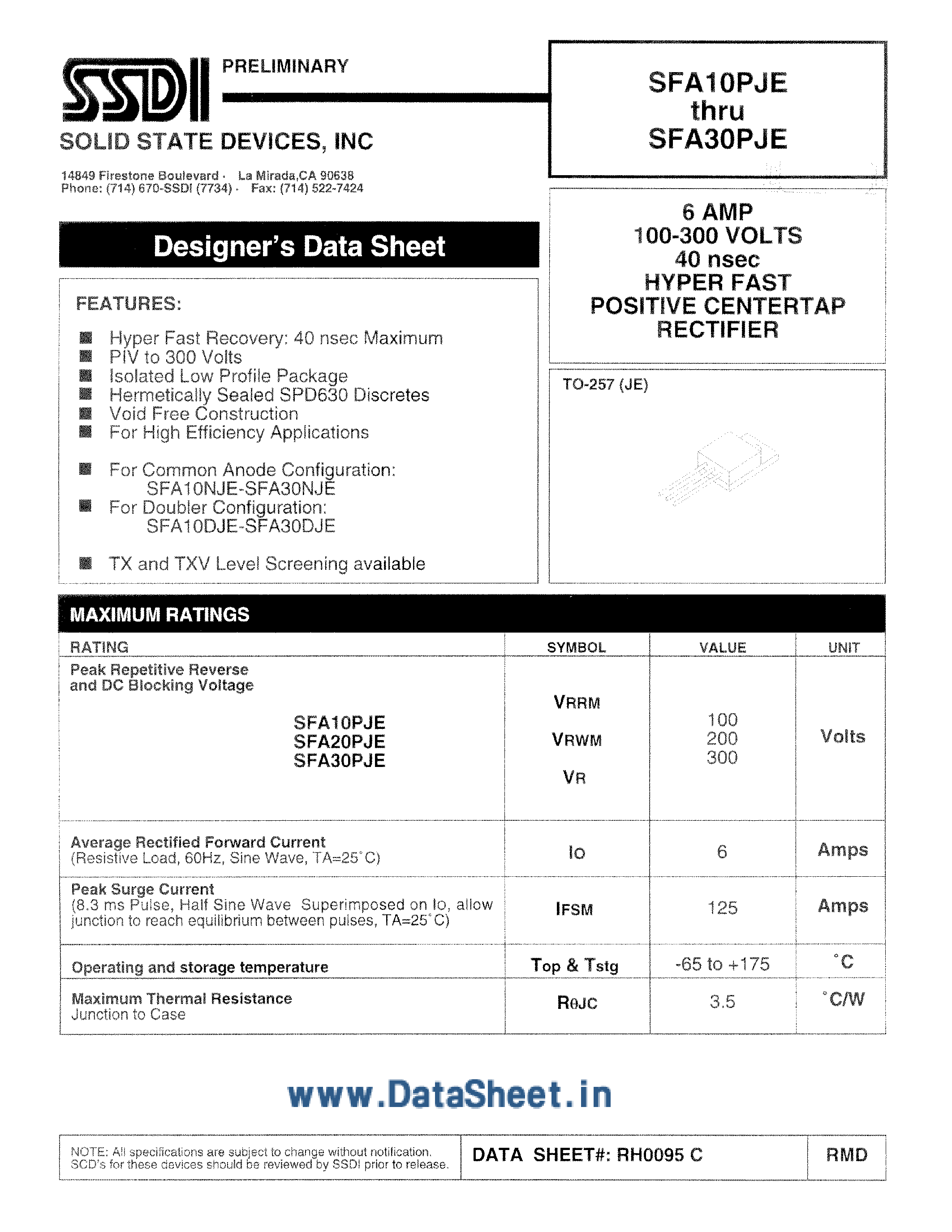 Datasheet SFA10PJE - (SFA10PJE - SFA30PJE) 6A 100-300 Volts 40 nsec Hyper Fast Positive Centertap Rectifier page 1