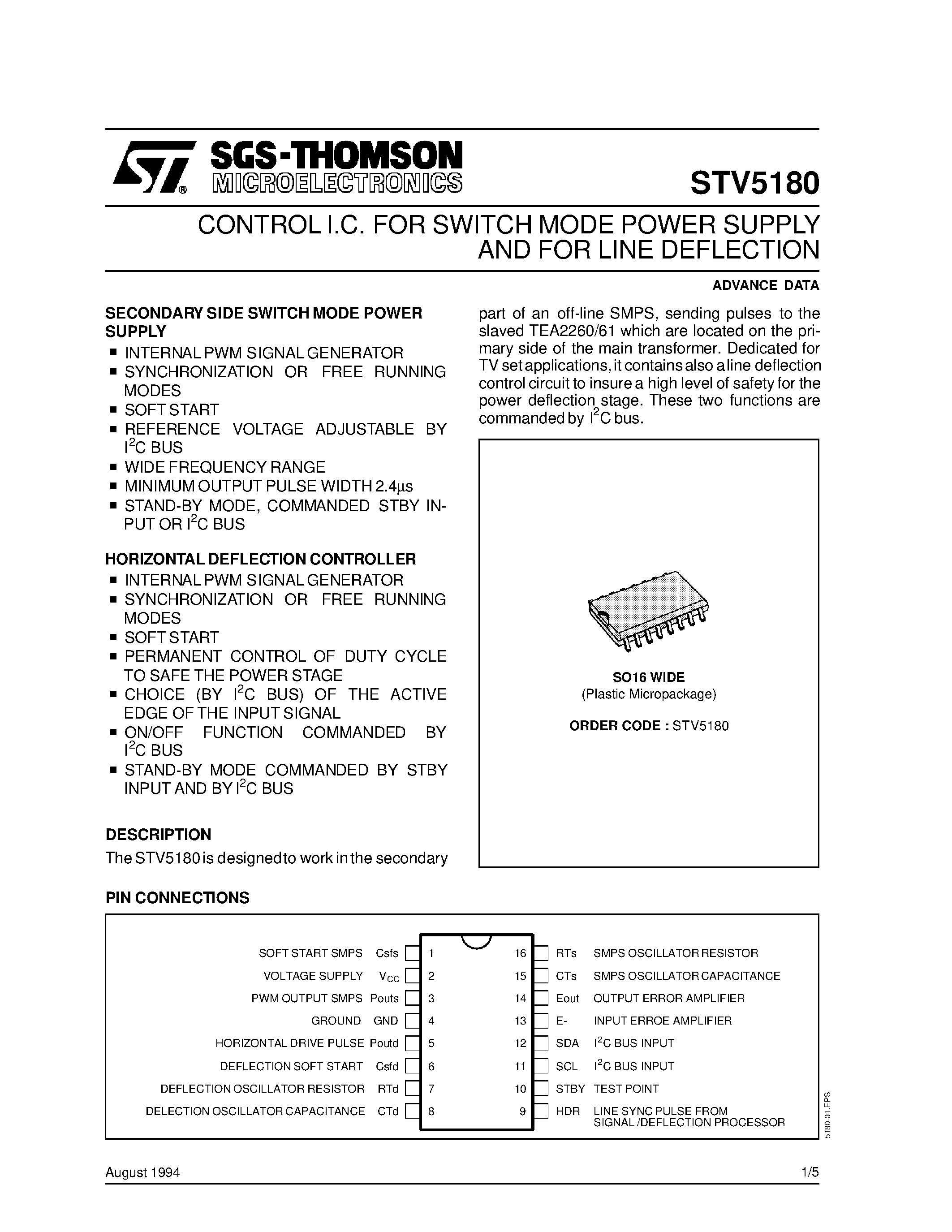 Datasheet STV5180 page 1 Datasheet STV5180 - CONTROL IC FOR SWITCH MODE POWER SUPPLY AND FOR LINE DEFLECTION page 1