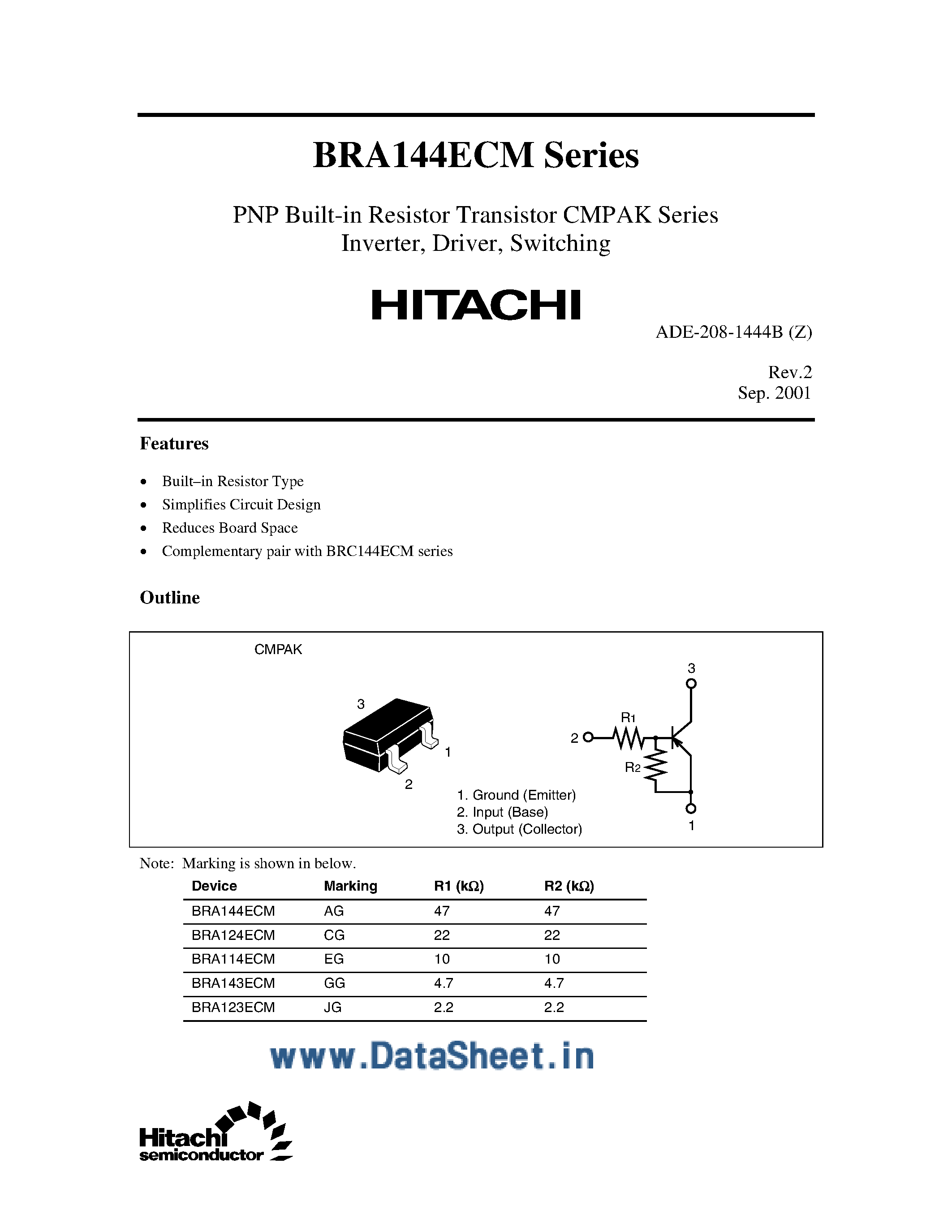 Даташит на микросхему BRA114 страница 1 Даташит BRA114 - (BRA114 - BRA144) PNP Bulti-in Resistor Transistor CMPAK Series Inverter / Driver / Switching страница 1
