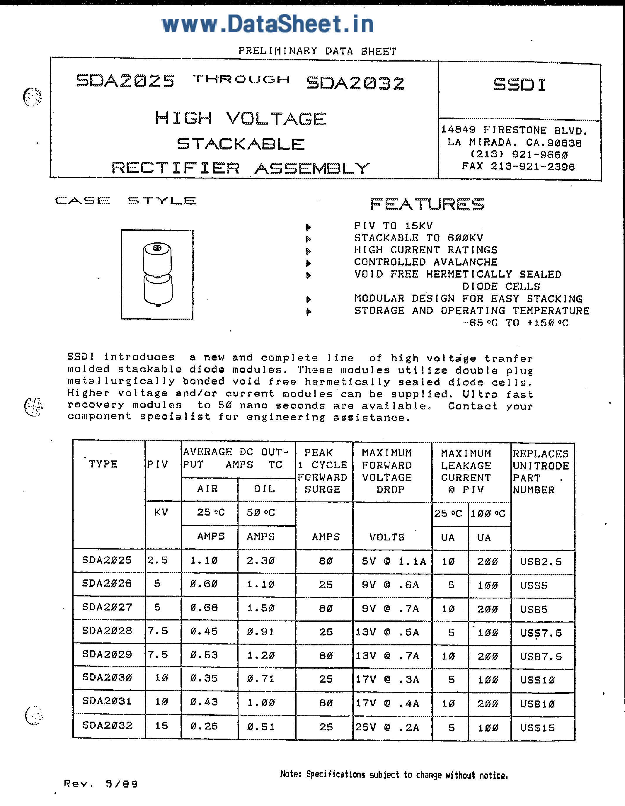 Даташит на микросхему SDA2025 страница 1 Даташит SDA2025 - (SDA2025 - SDA2032) High Voltage Stackable Rectifier Assembly страница 1
