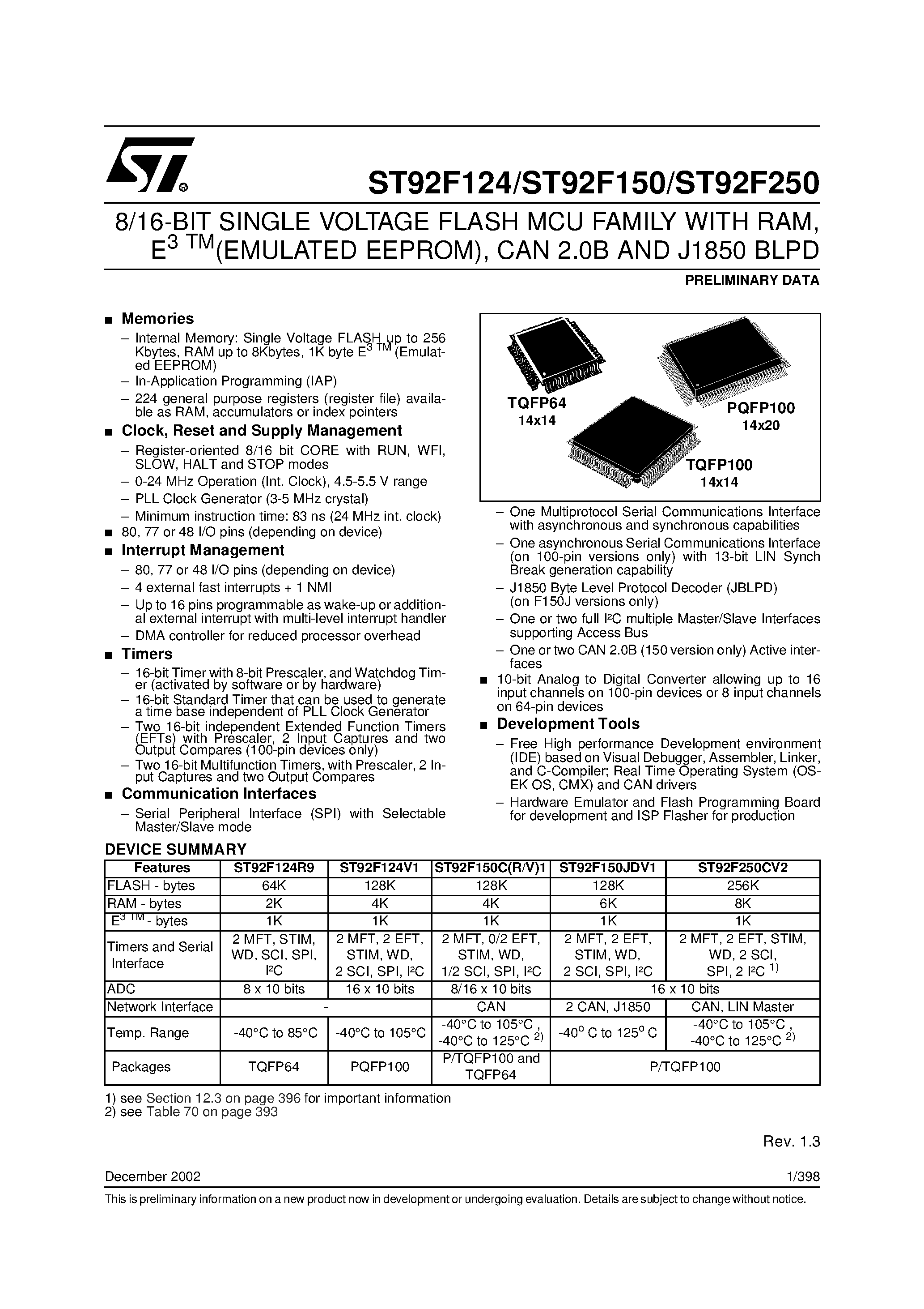 Datasheet ST92150 - 8/16-BIT SINGLE VOLTAGE FLASH MCU FAMILY WITH RAM / E3 TMEMULATED EEPROM / CAN 2.0B AND J1850 BLPD page 1