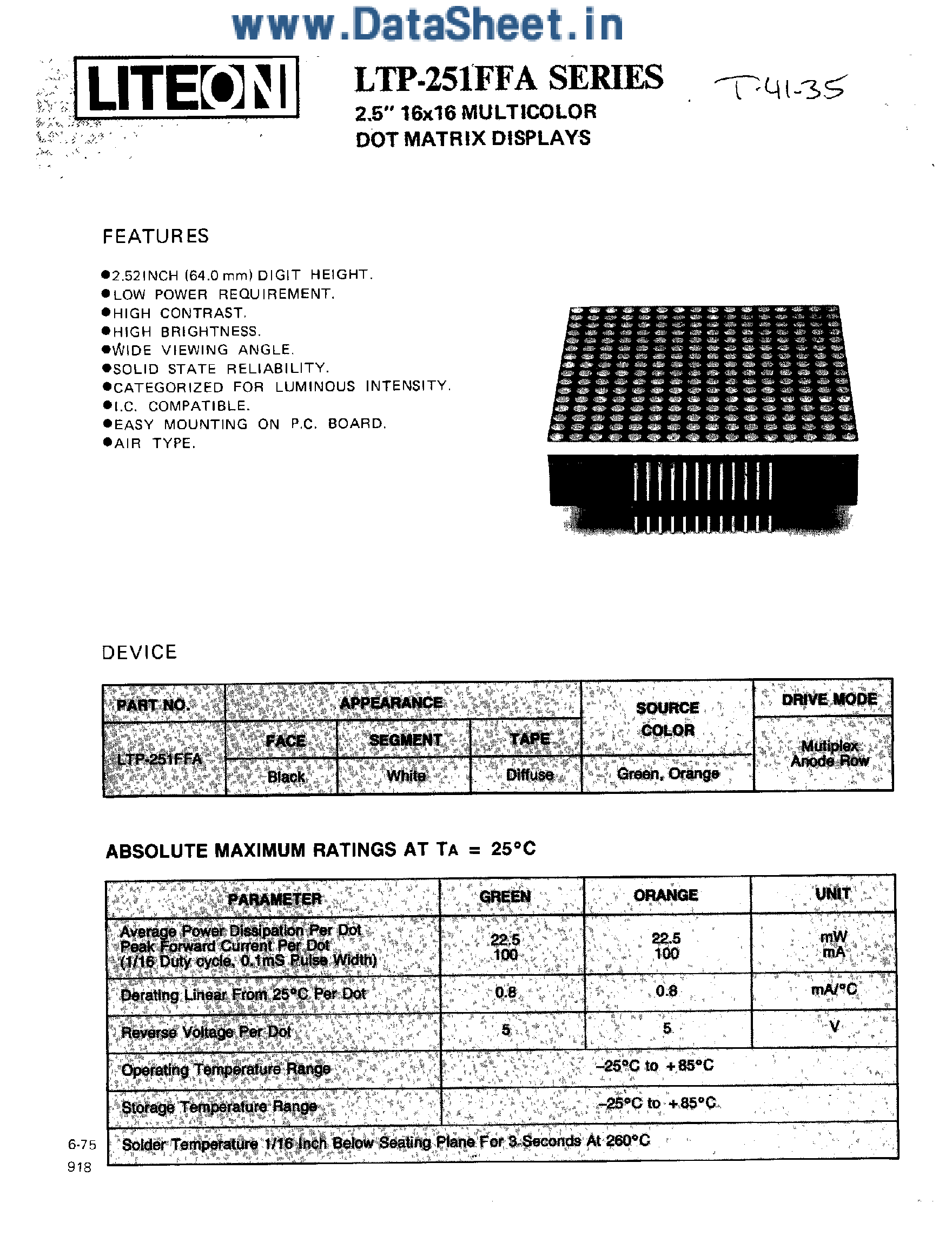 Даташит LTP-251FFA - 16 x 16 Multicolor Dot Matrix Display страница 1