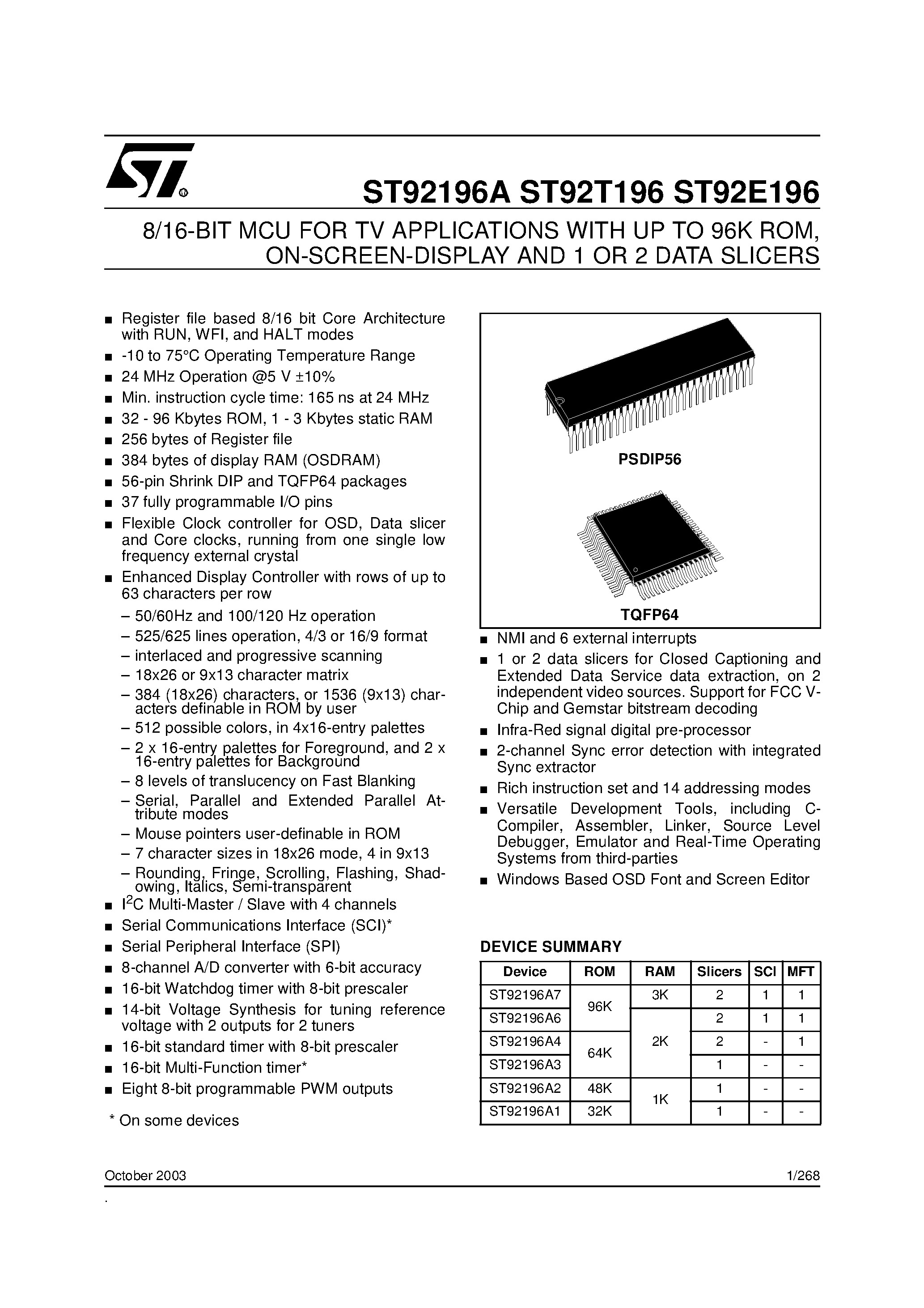 Datasheet ST92196A - 8/16-BIT MCU FOR TV APPLICATIONS WITH UP TO 96K ROM / ON-SCREEN-DISPLAY AND 1 OR 2 DATA SLICERS page 1