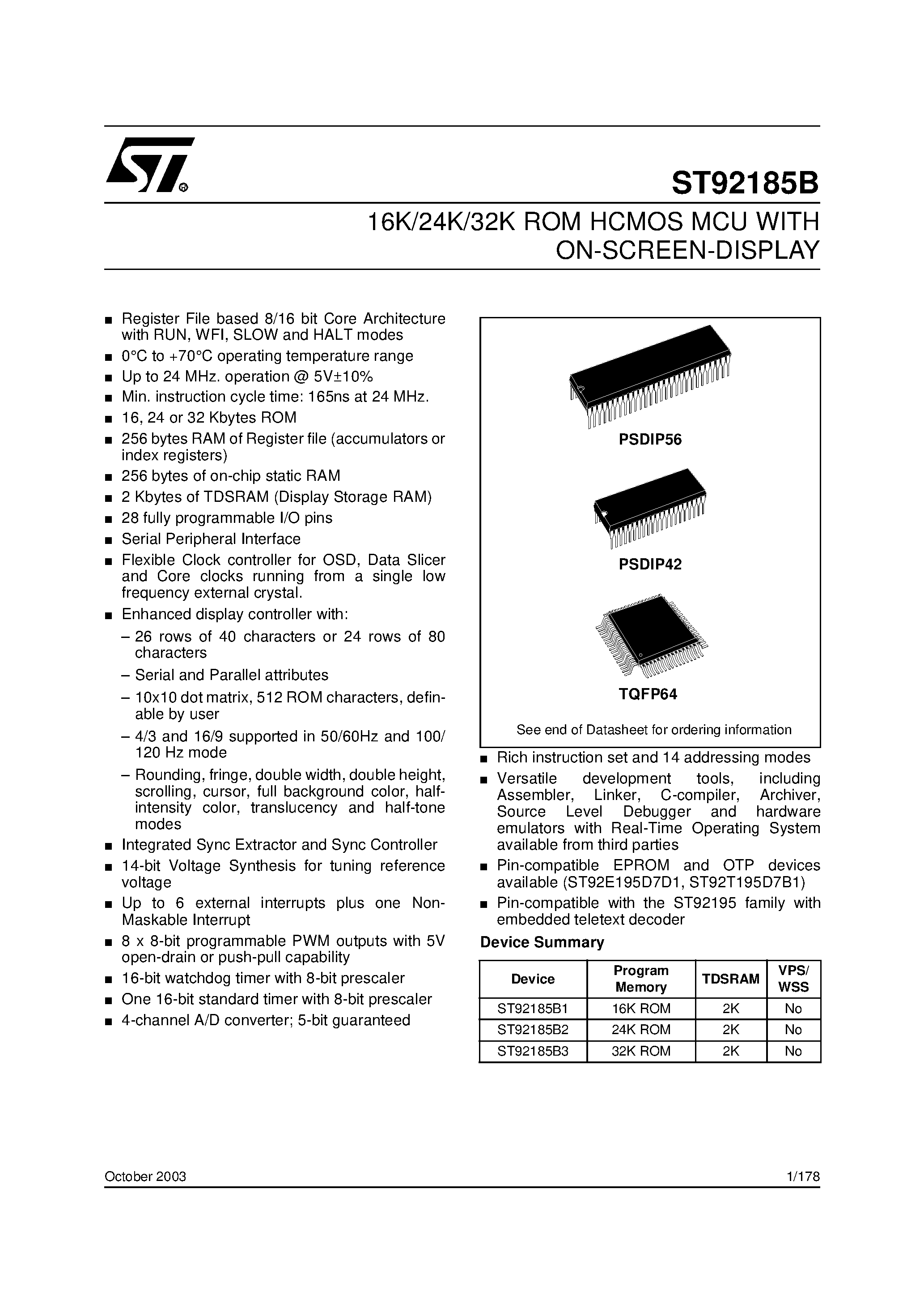 Даташит на микросхему ST92185B страница 1 Даташит ST92185B - 16K/24K/32K ROM HCMOS MCU WITH ON-SCREEN-DISPLAY страница 1