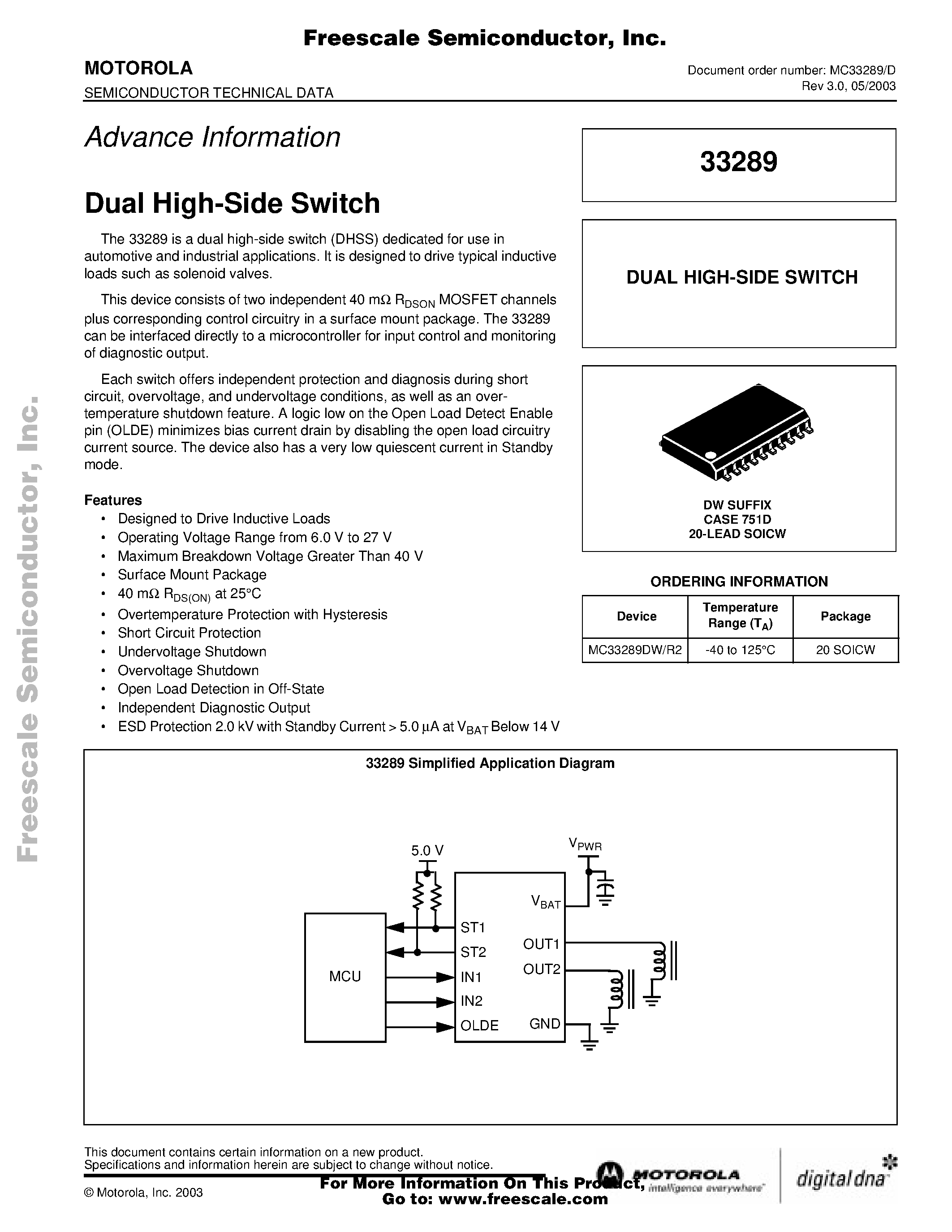 Datasheet MC33289 page 1 Datasheet MC33289 - Dual High-Side Switch page 1