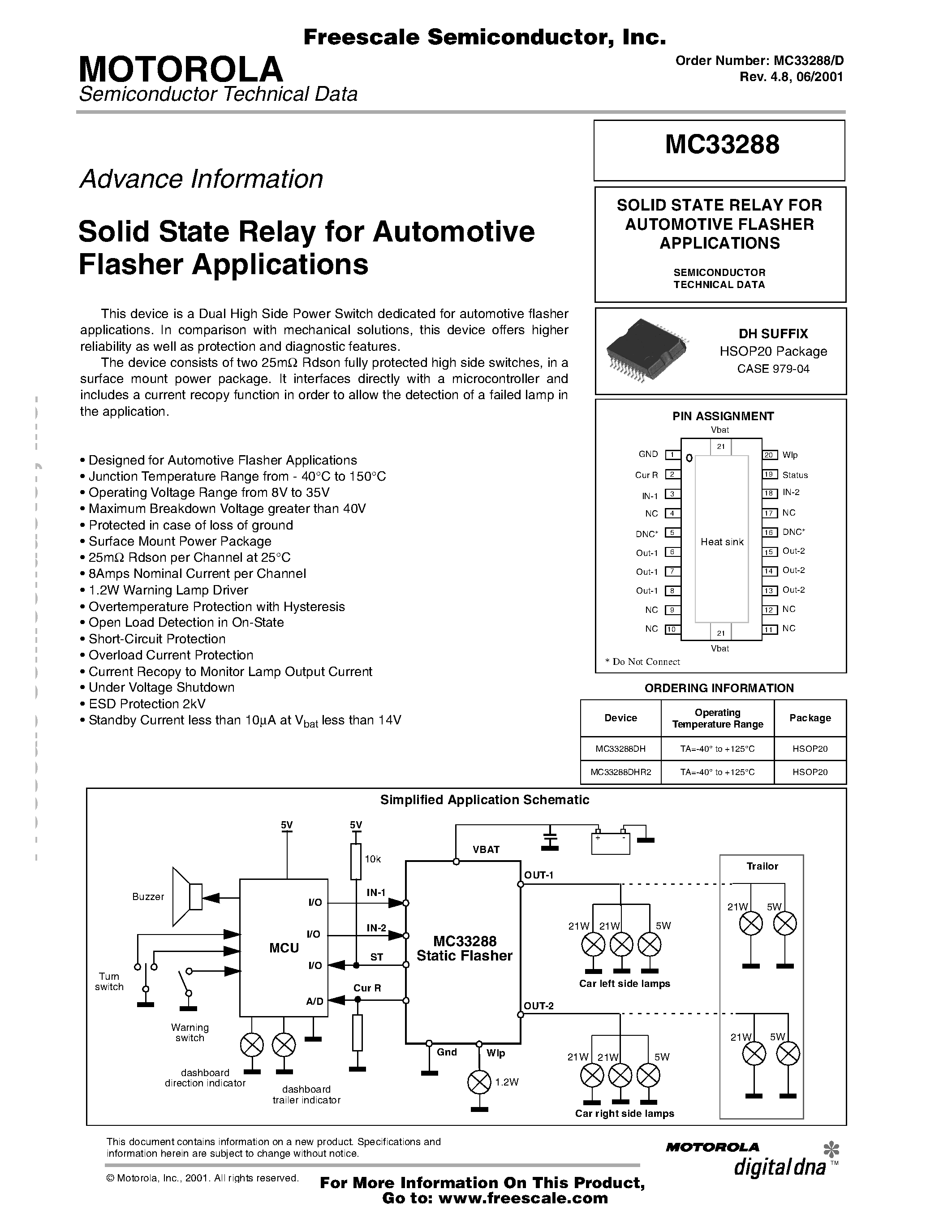 Datasheet MC33288 page 1 Datasheet MC33288 - Solid State Relay for Automotive Flasher Applications page 1