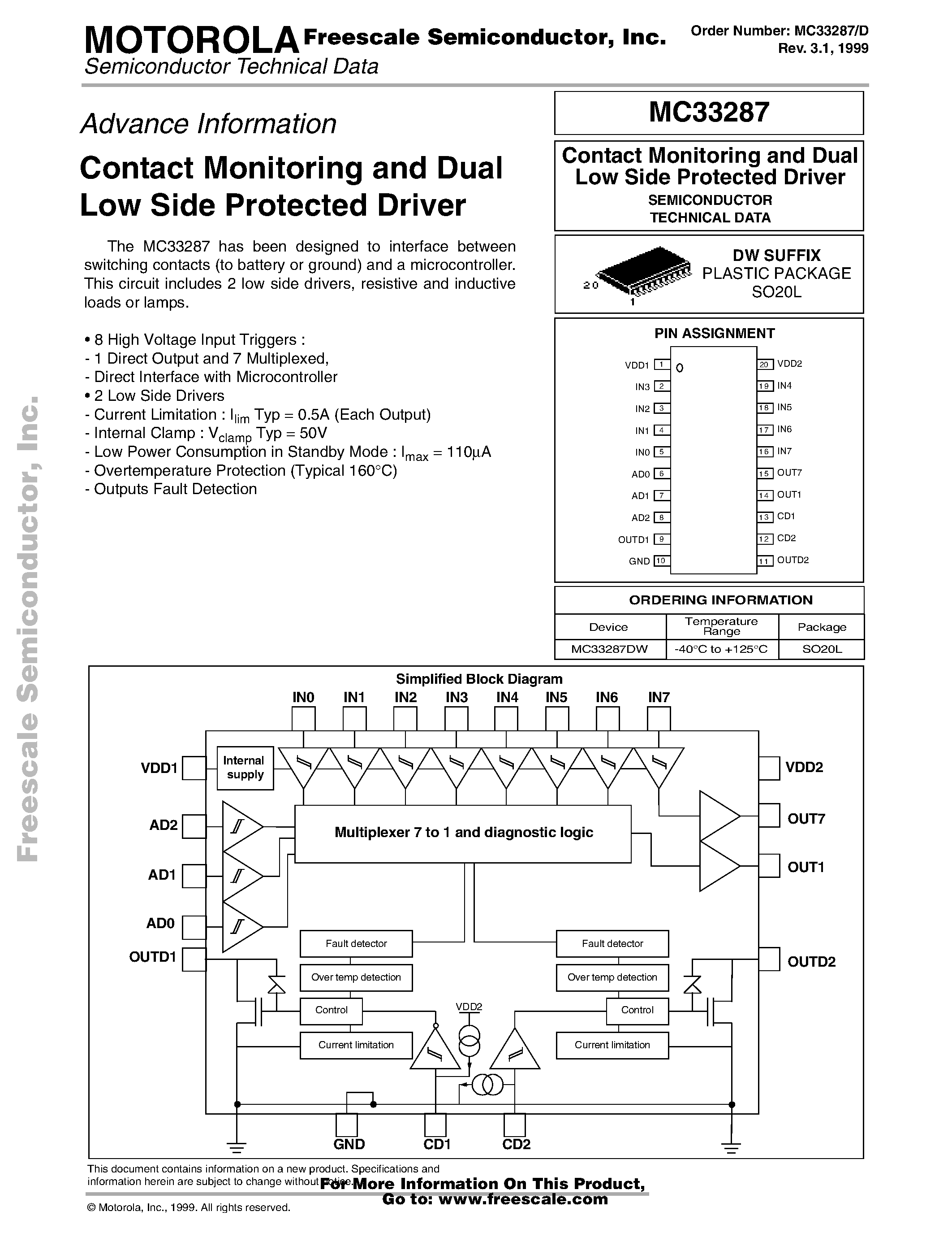 Datasheet MC33287 page 1 Datasheet MC33287 - Contact Monitoring and Dual Low Side Protected Driver page 1