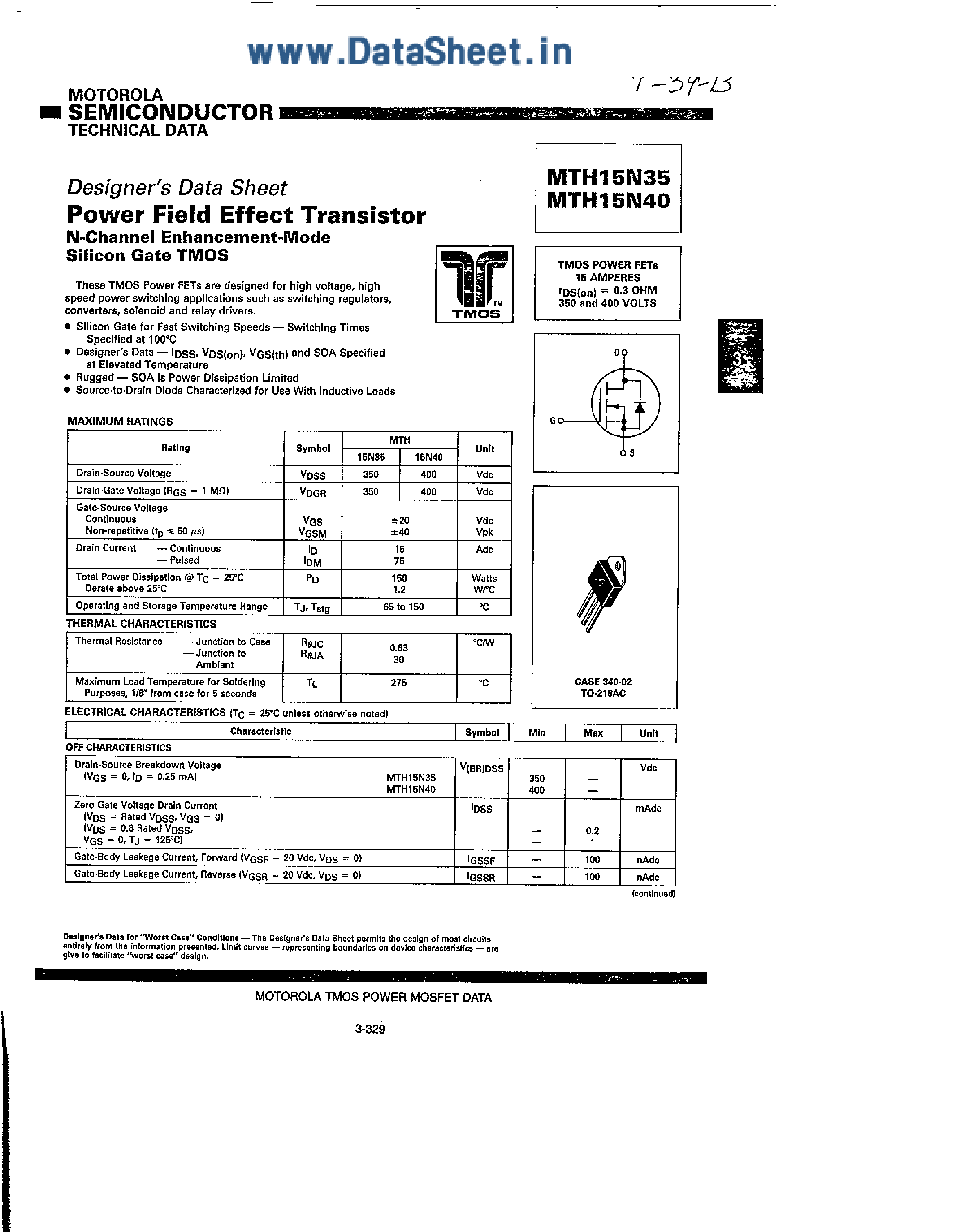 Datasheet MTH15N35 - (MTH15N35 / MTH15N40) N-Channel Enhancement-Mode Silicon Gate TMOS page 1