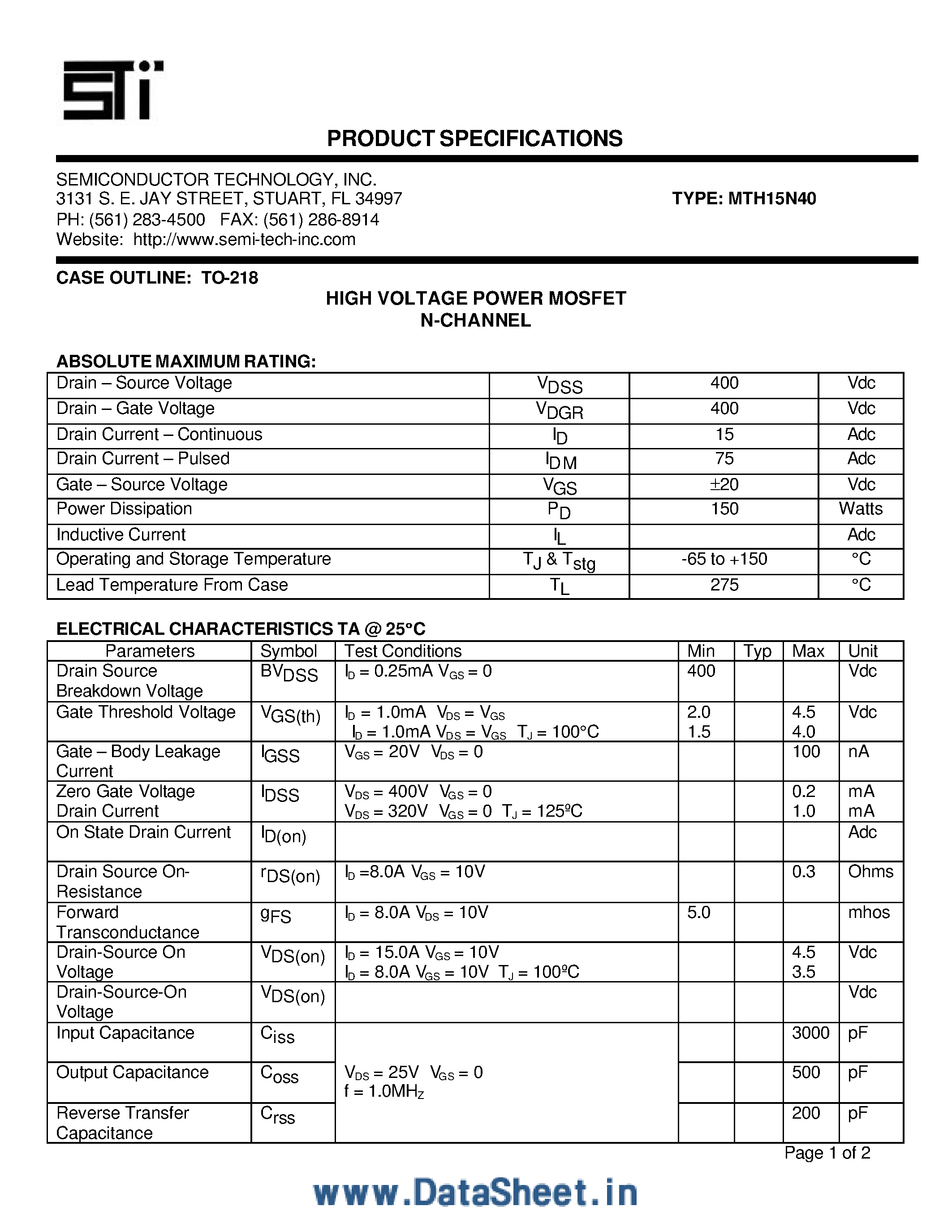 Datasheet MTH15N40 - High Voltage Power MOSFET N-Channel page 1