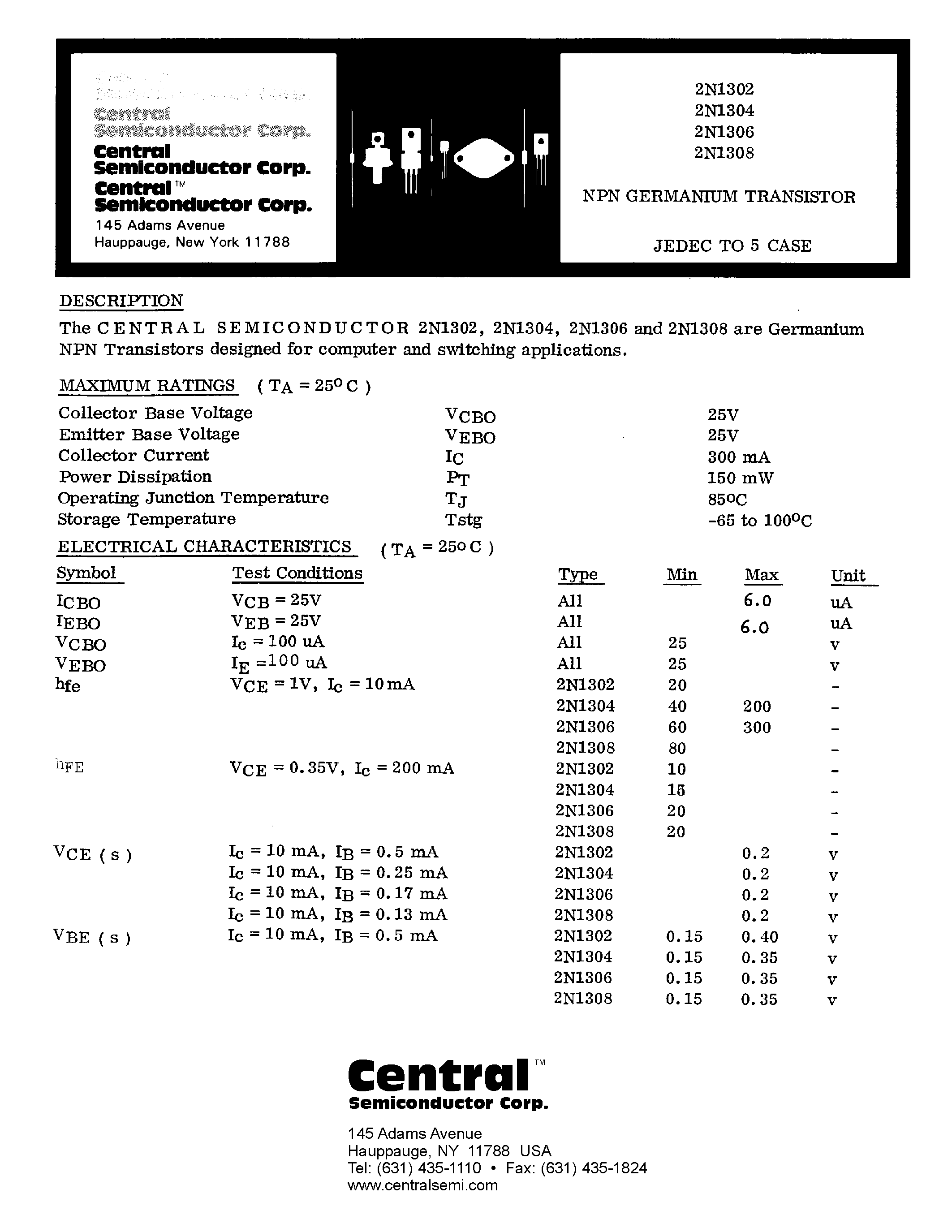 Datasheet 2N1302 - (2N1302/4/6/8) NPN Germantum Transistor page 1