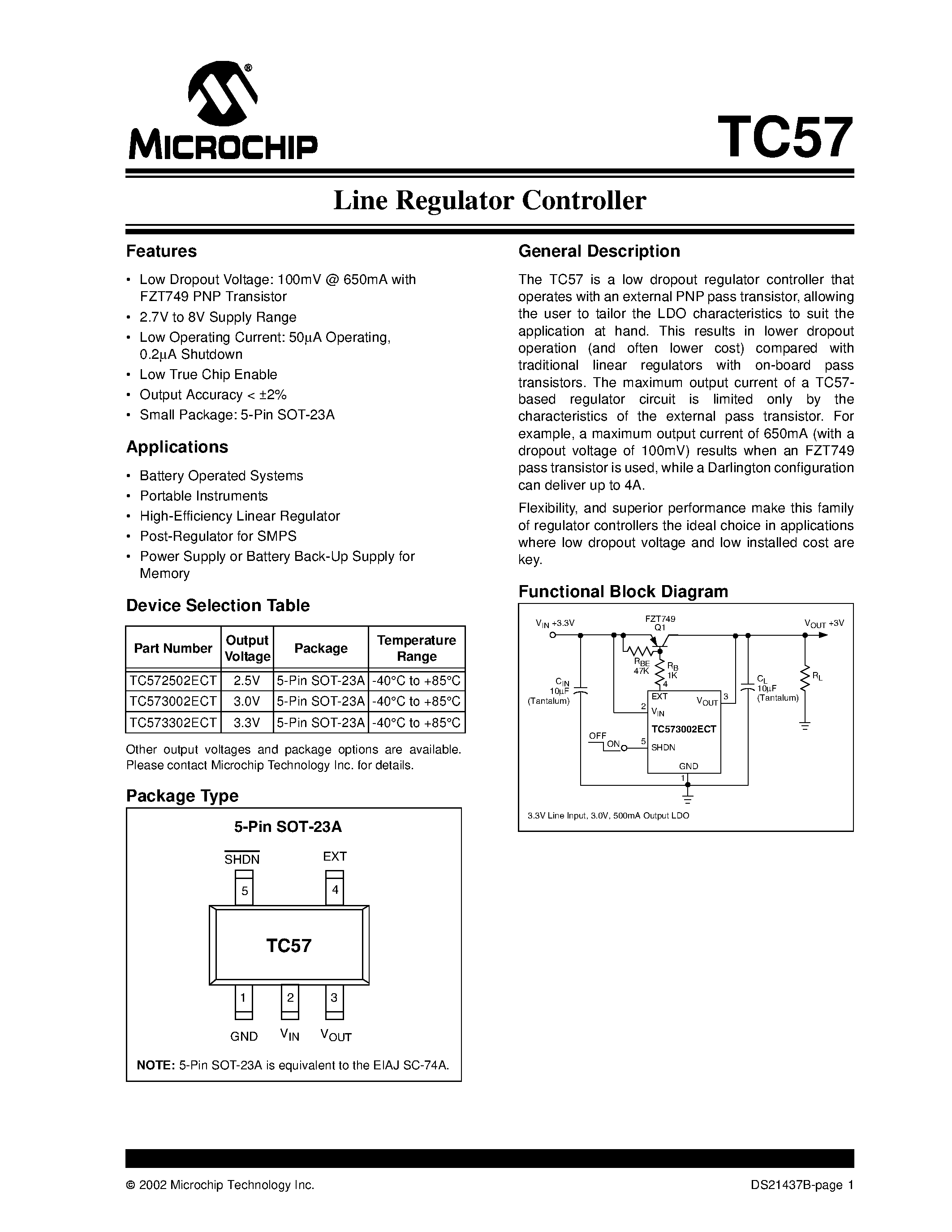 Datasheet TC572502 - (TC572502/3002/3302) Line Regulator Controller page 1