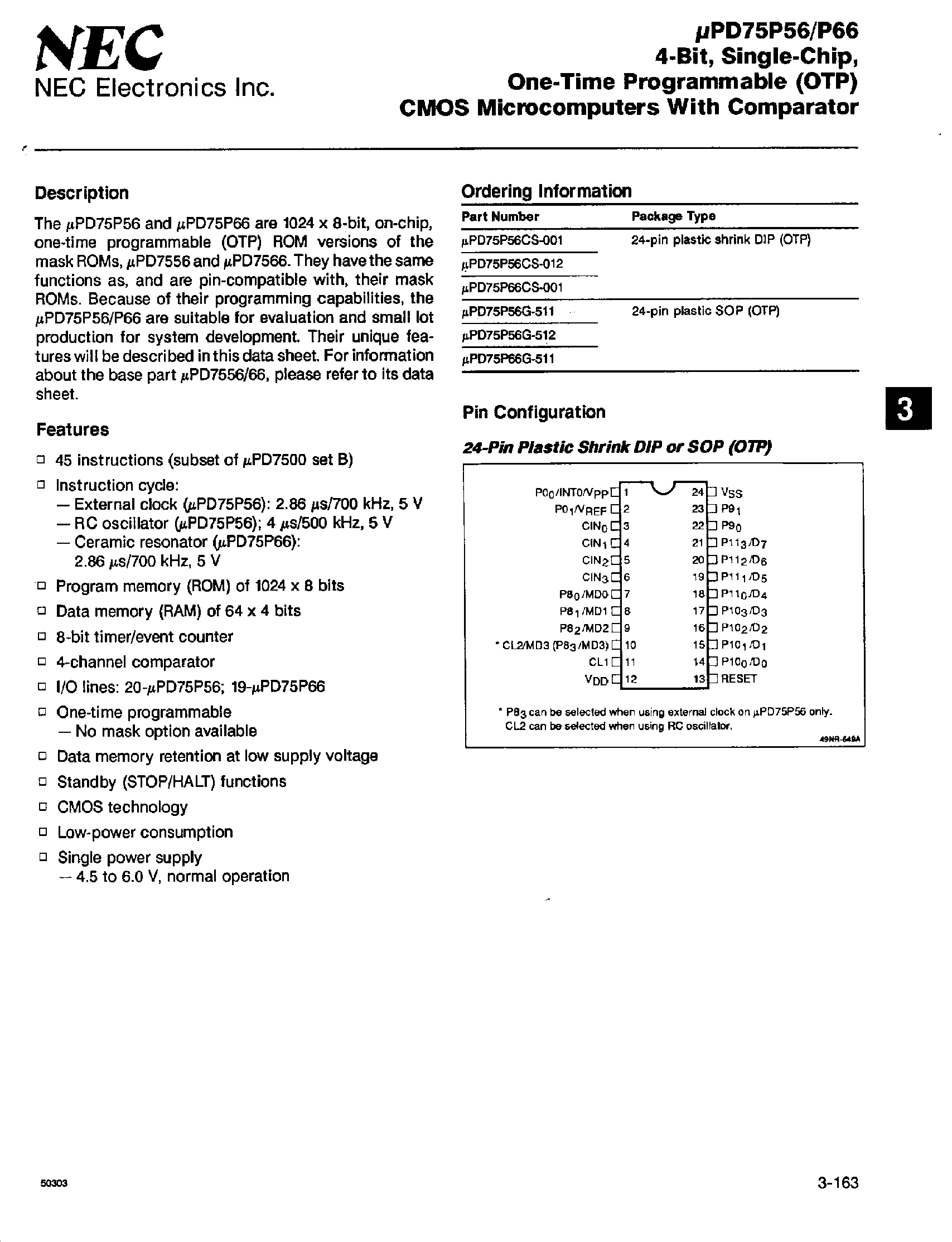 Datasheet UPD75P66 - (UPD75P56 / UPD75P66) 4-Bit Single-Chip One-Time Programmable CMOS Microcomputers page 1
