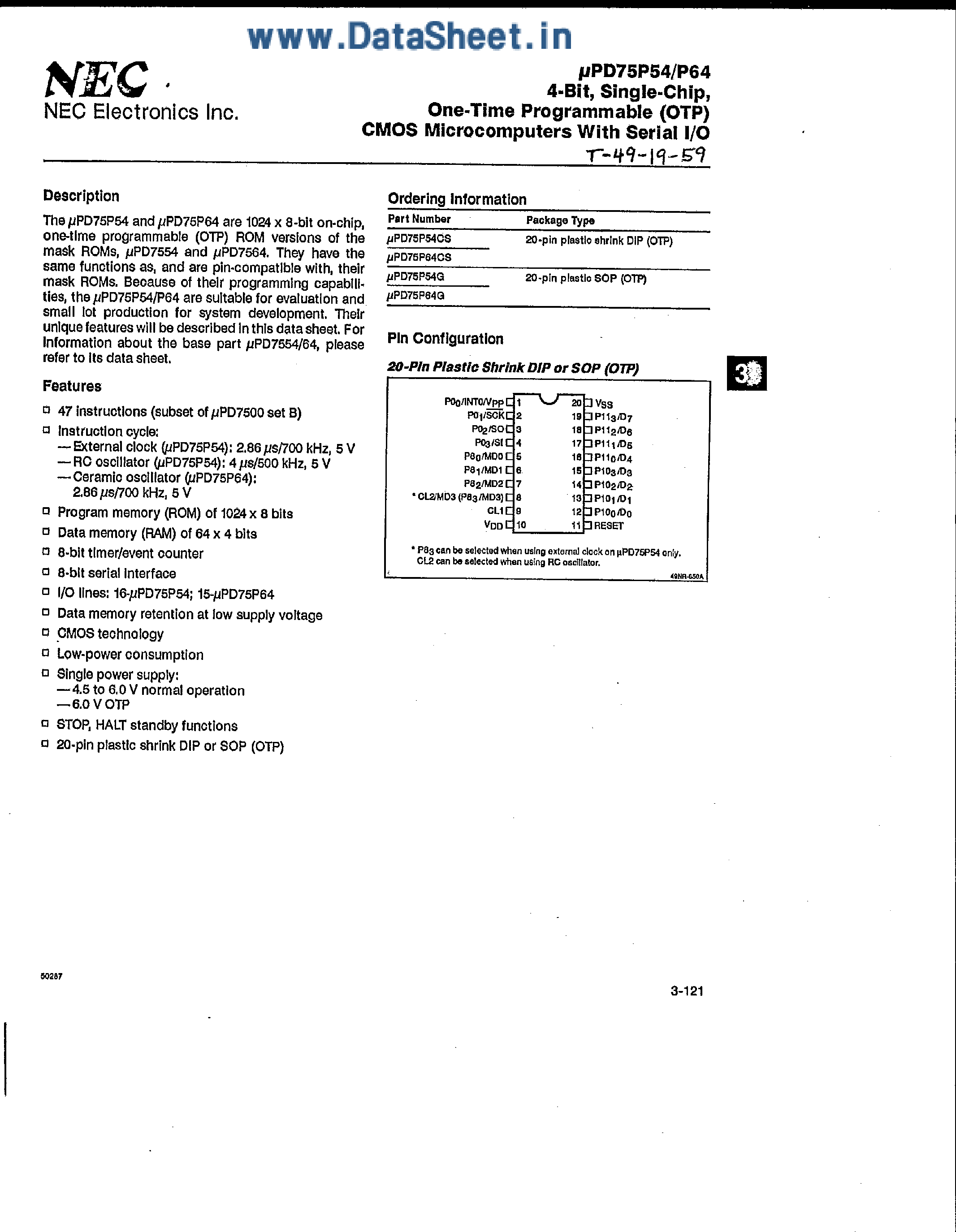 Datasheet UPD75P54 - (UPD75P54 / UPD75P64) 4-Bit Microcomputer page 1