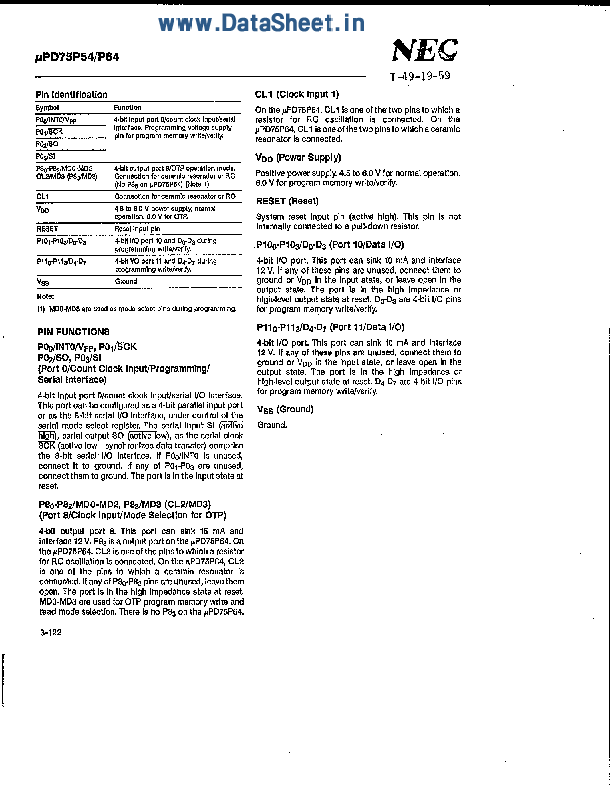 Datasheet UPD75P54 - (UPD75P54 / UPD75P64) 4-Bit Microcomputer page 2
