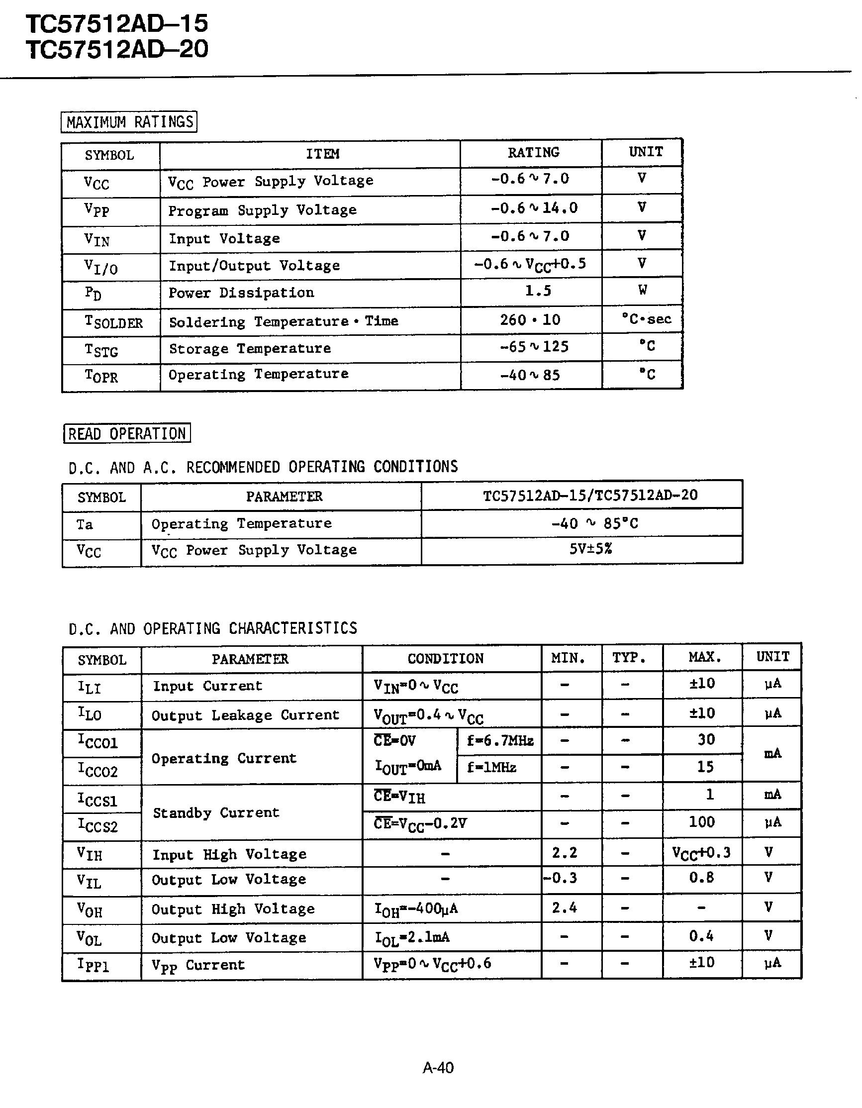 Datasheet TC57512AD-15 - 65536 WORDS x 8 BITS CMOS UV ERASABLE AND ELECTRICALLY PROGRAMMABLE READ ONLY MEMORY page 2