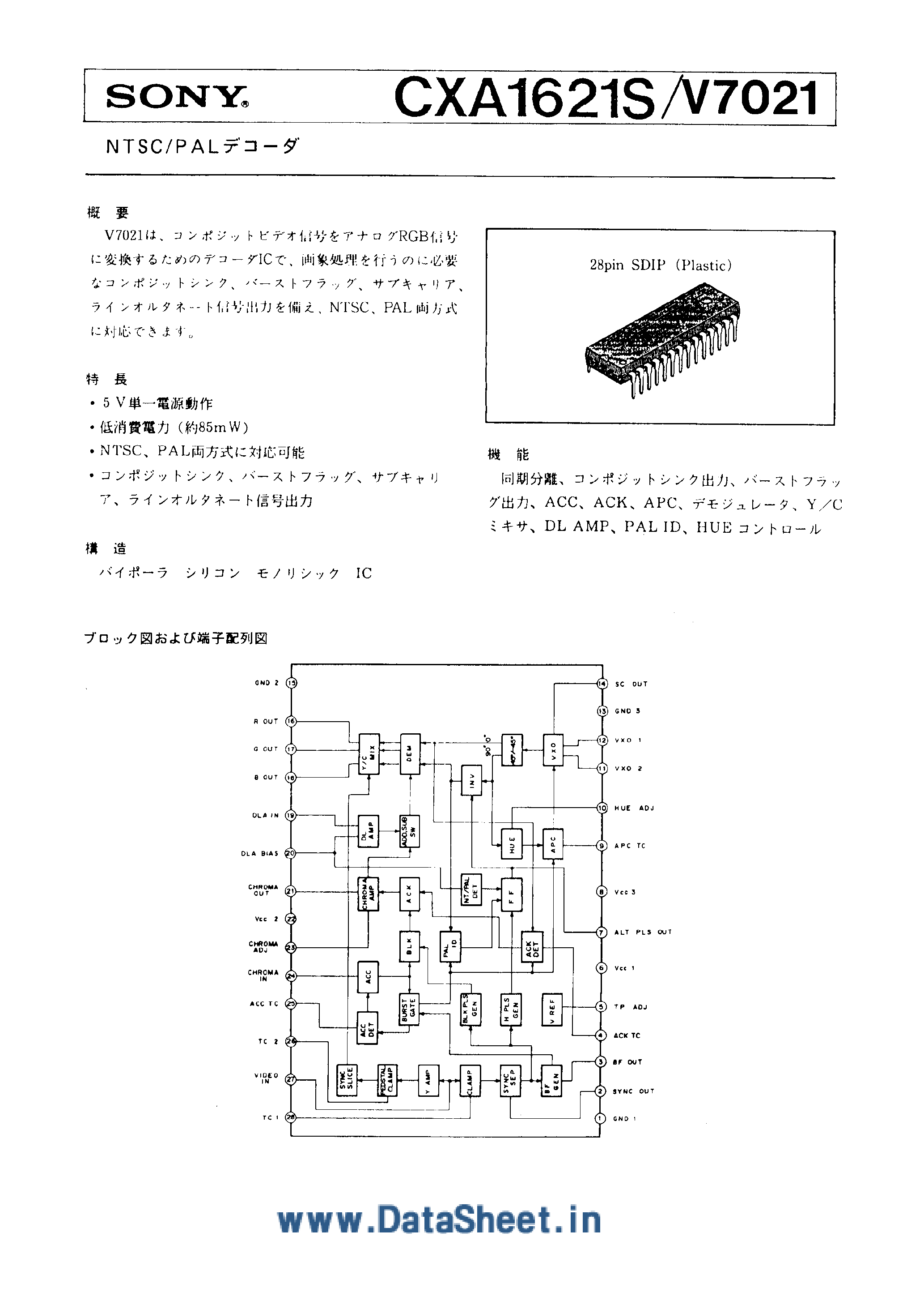 Даташит на микросхему CXA1621S страница 1 Даташит CXA1621S - (CXA1621S / CXAV7021) NTSC / PAL страница 1