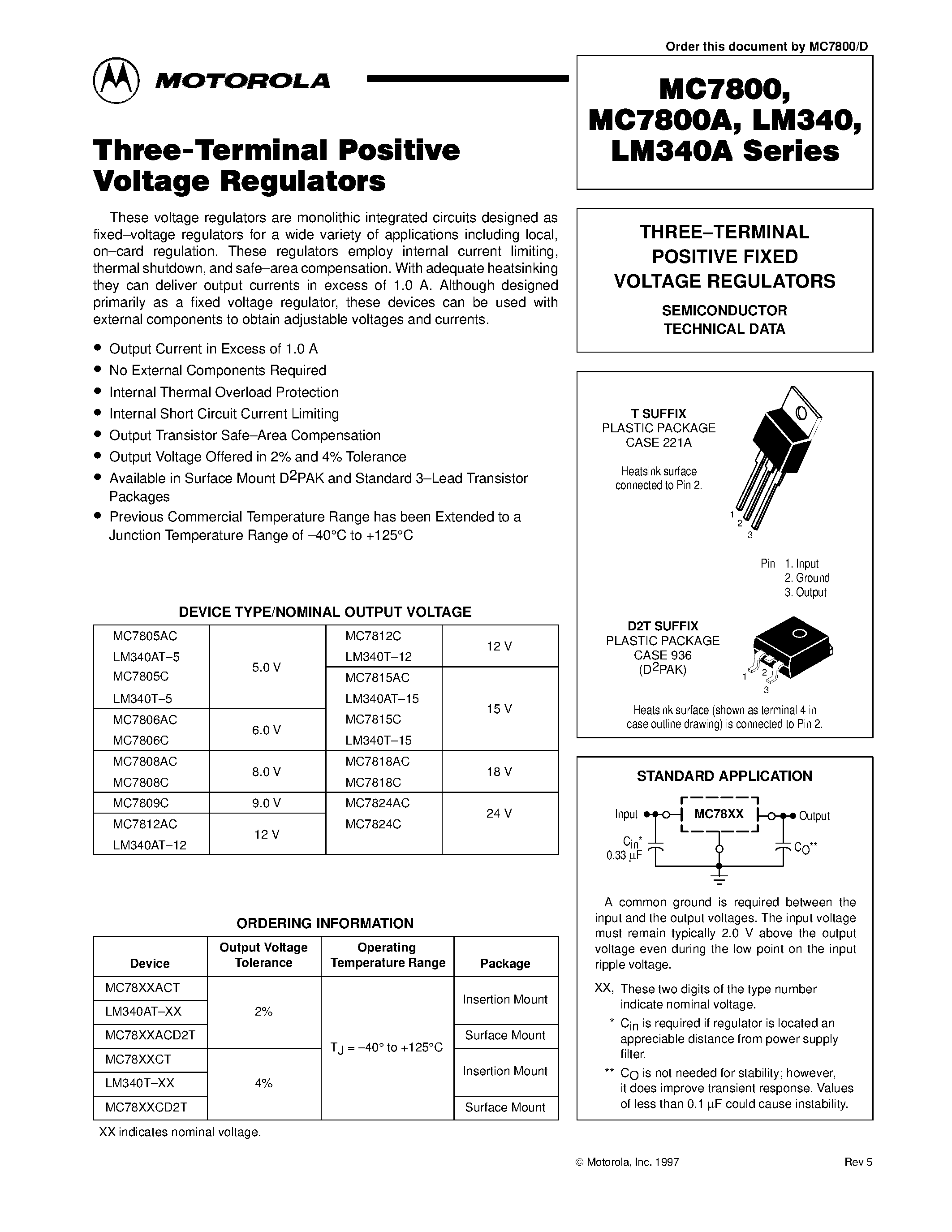 Datasheet MC7805 - THREE TERMINAL POSITIVE FIXED VOLTAGE REGULATORS page 1