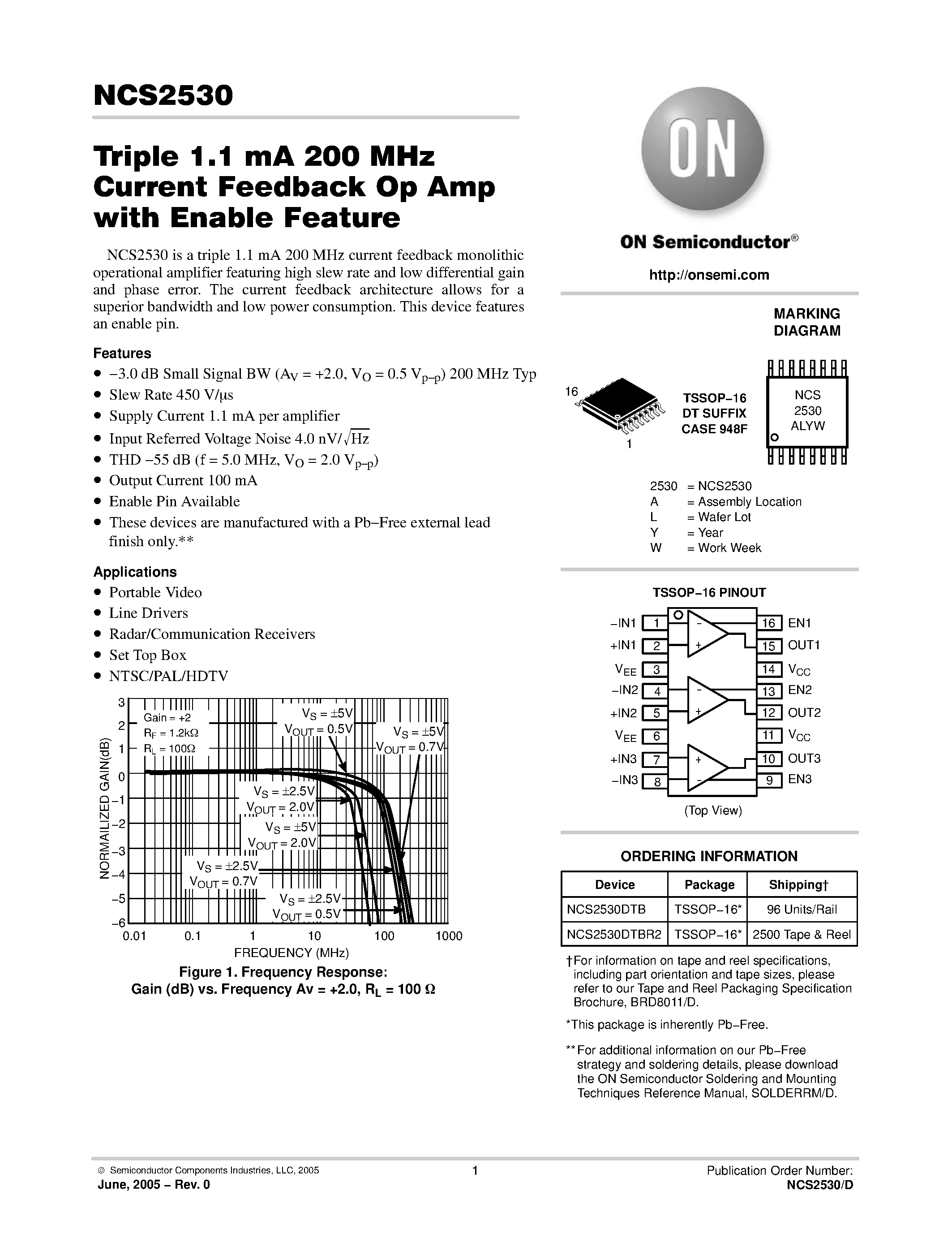 Даташит на микросхему NCS2530 страница 1 Даташит NCS2530 - Triple 1.1 mA 200 MHz Current Feedback Op Amp with Enable Feature страница 1