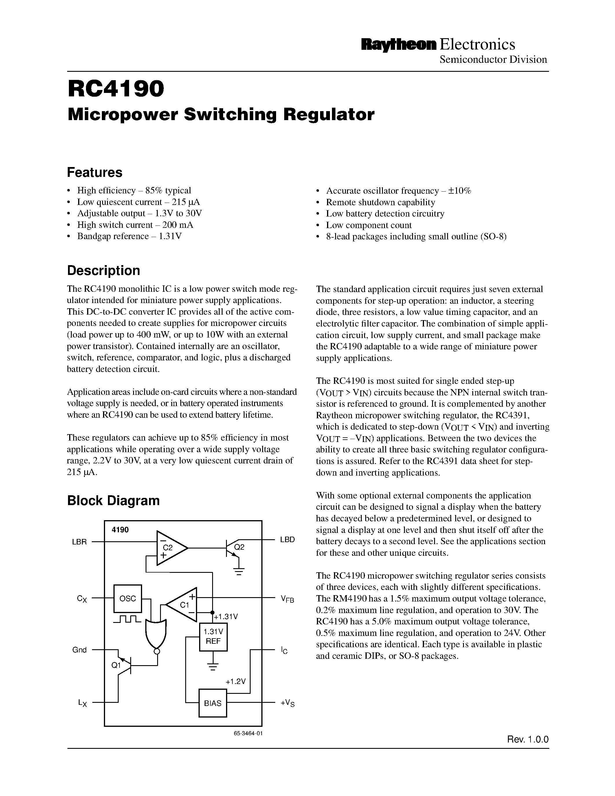 Datasheet RM4190 - Micropower Switching Regulator page 1