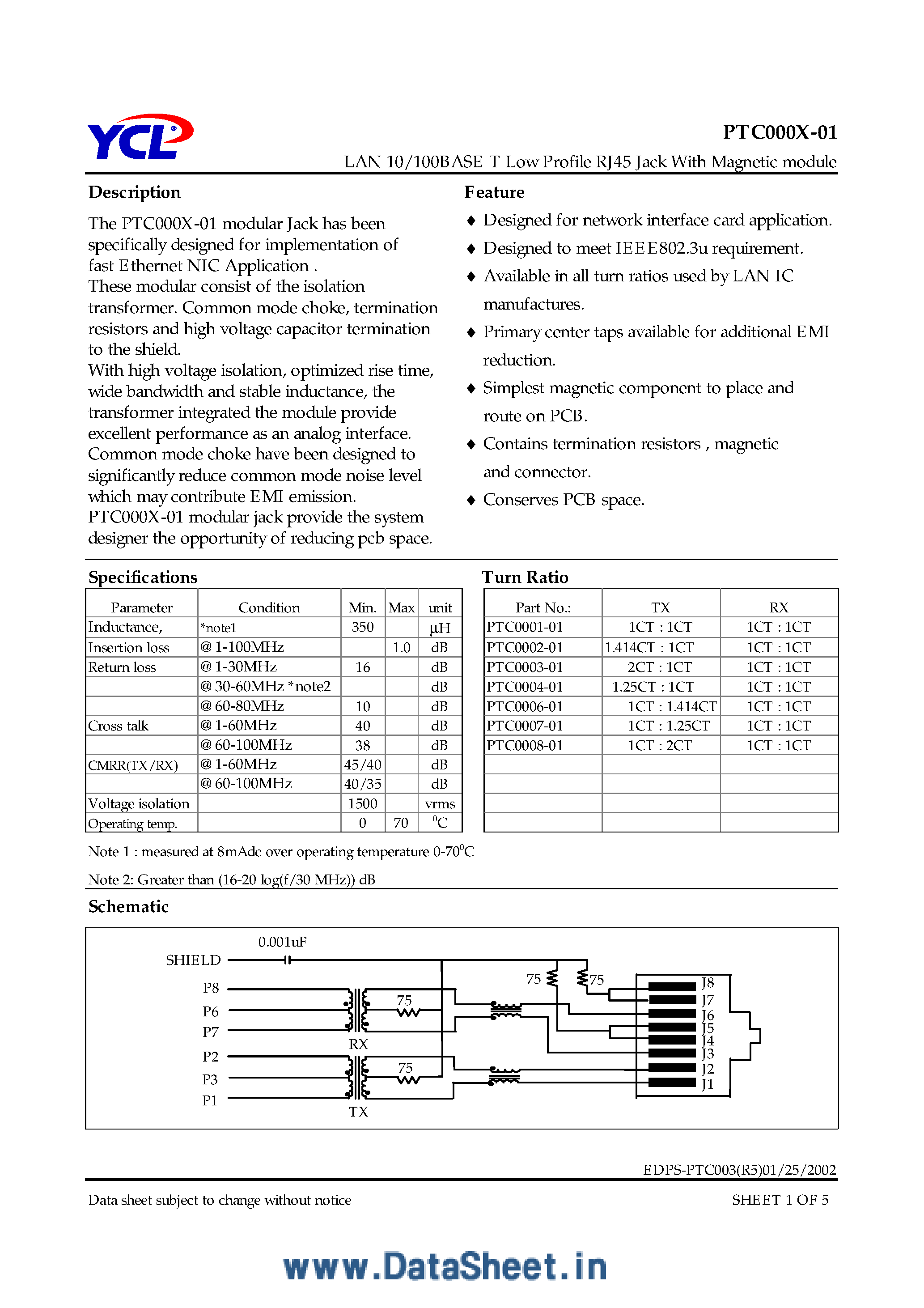 Datasheet PTC000x-01 - LAN 10/100 Base T Low Profile Rj45 Jack page 1