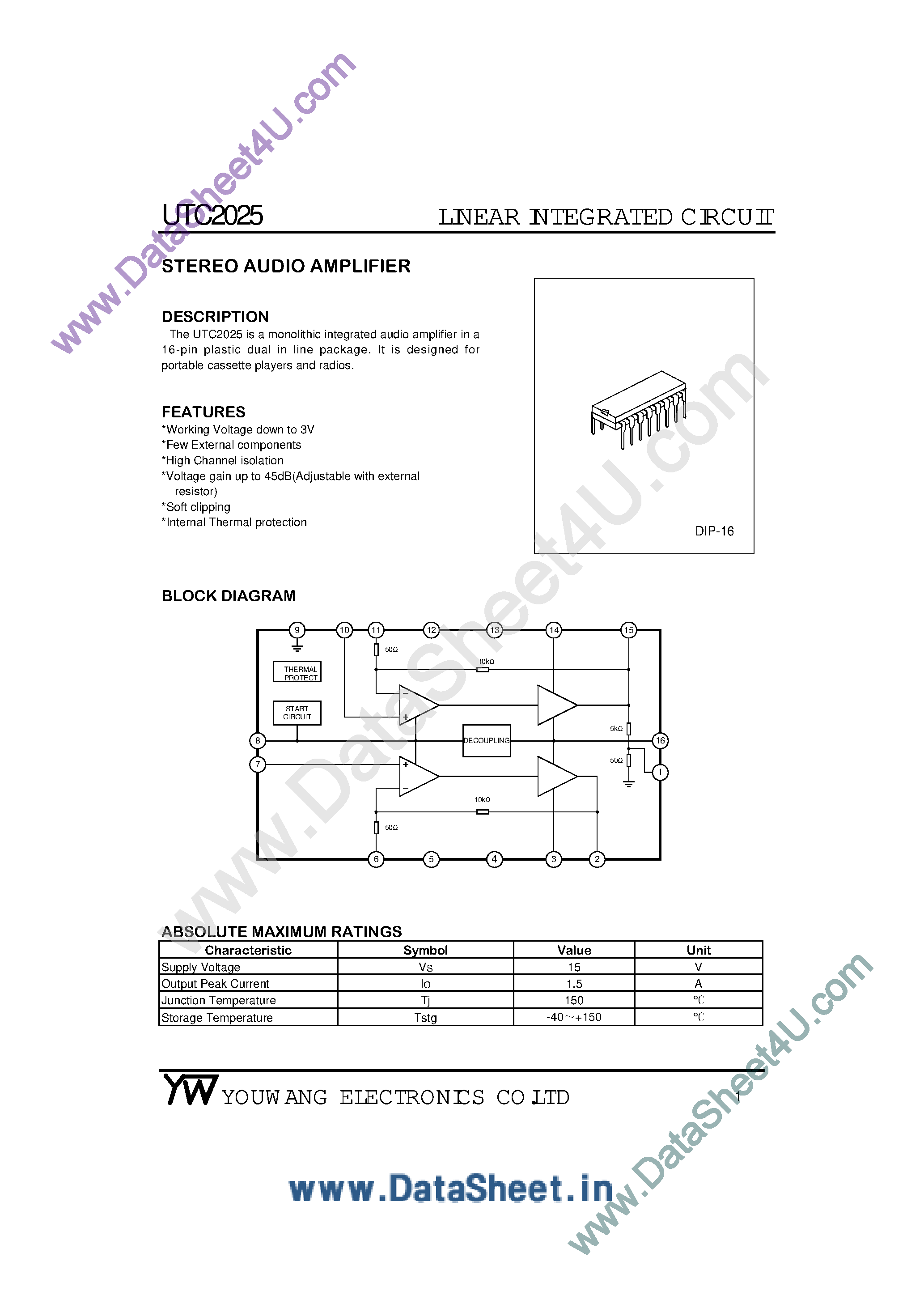 Даташит UTC2025 - Stereo Audio Amplifier страница 1