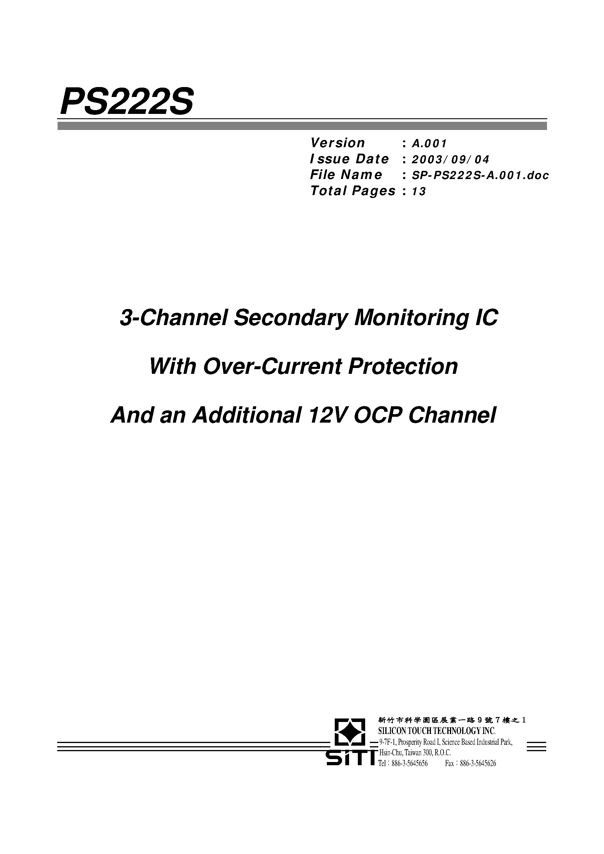 Datasheet PS222S page 1 Datasheet PS222S - 3-Channel Secondary Monitoring IC page 1