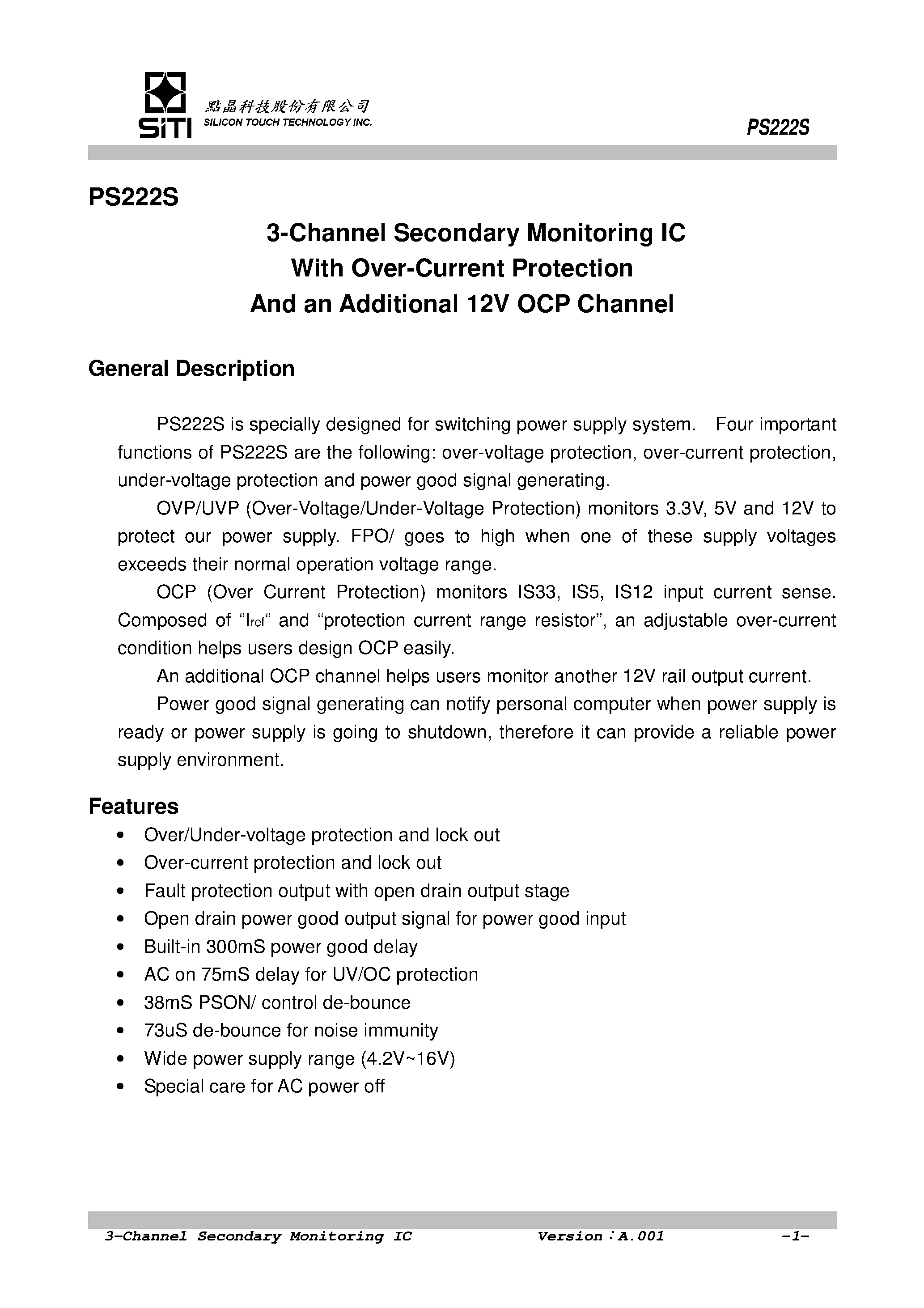 Datasheet PS222S page 2 Datasheet PS222S - 3-Channel Secondary Monitoring IC page 2