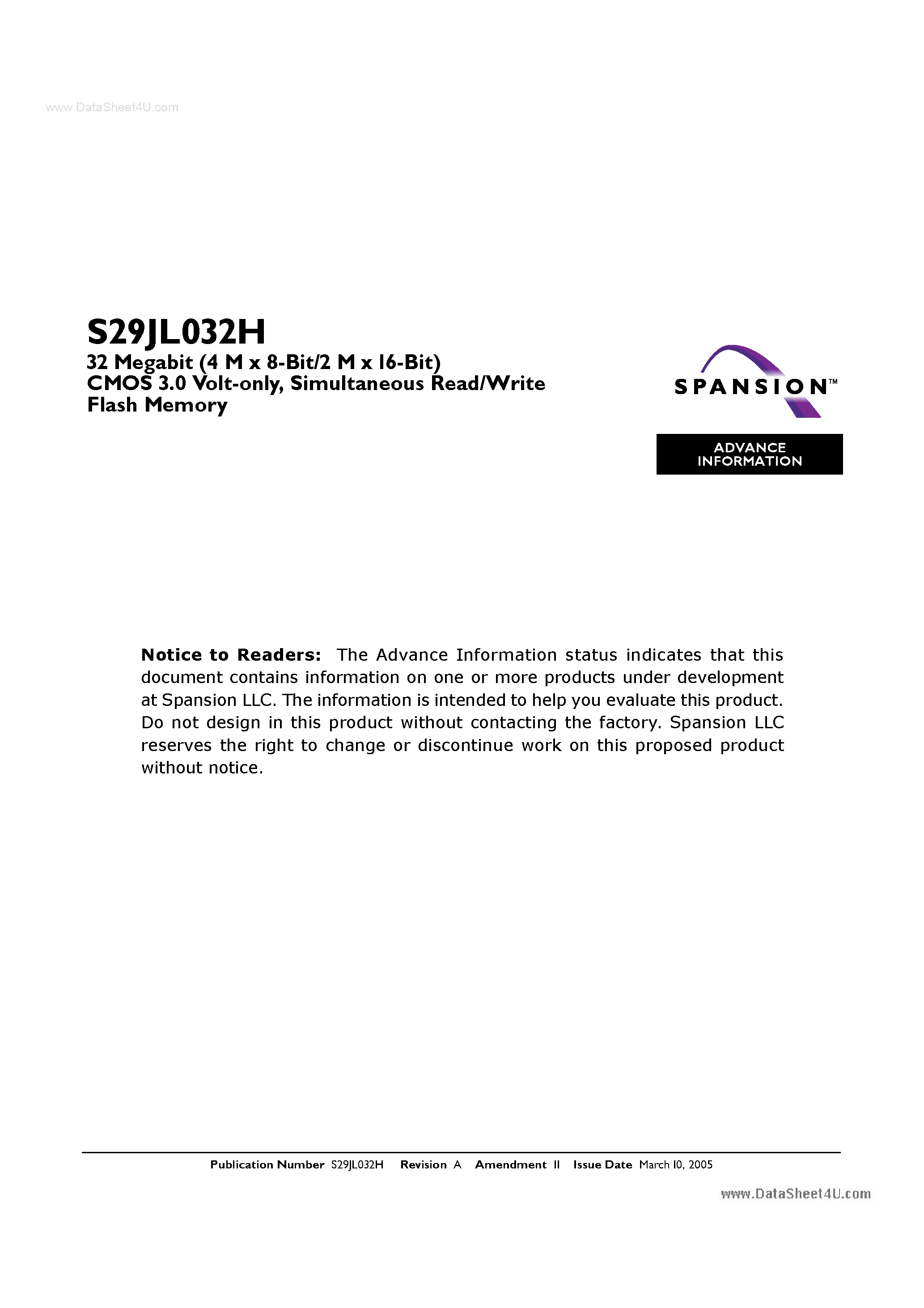 Datasheet S29JL032H - 32M BIT CMOS 3.0V FLASH MEMORY page 1