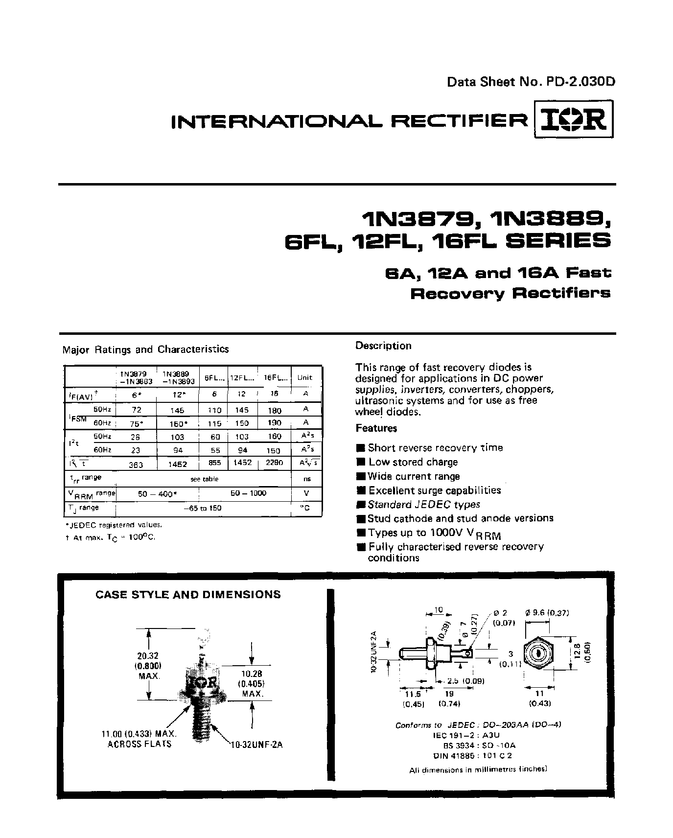 Даташит 1N3879 - (1N3879 - 1N3889) 6A / 12A AND 16A FAST RECOVERY RECTIFIERS страница 1