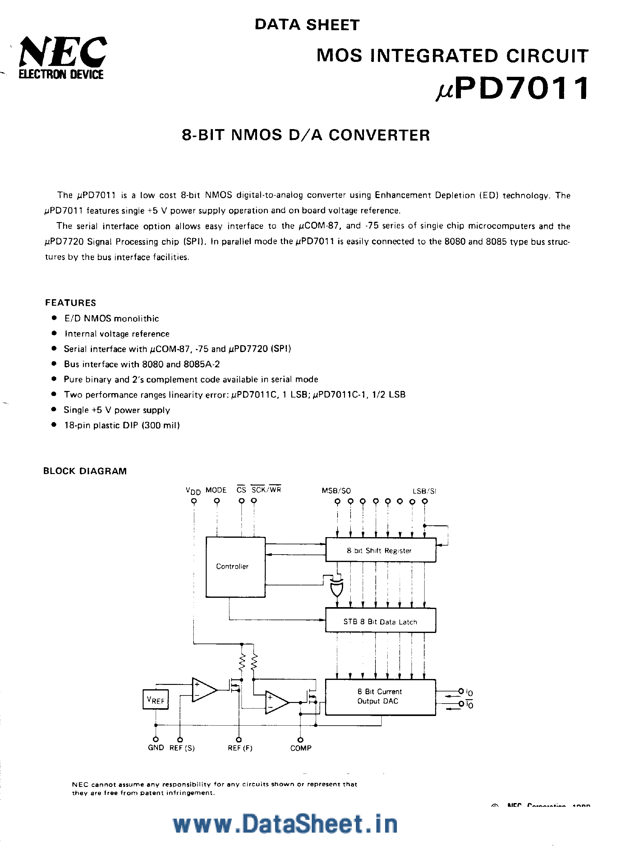 Даташит UPD7011 - 8-Bit NMOS D/A Converter страница 1