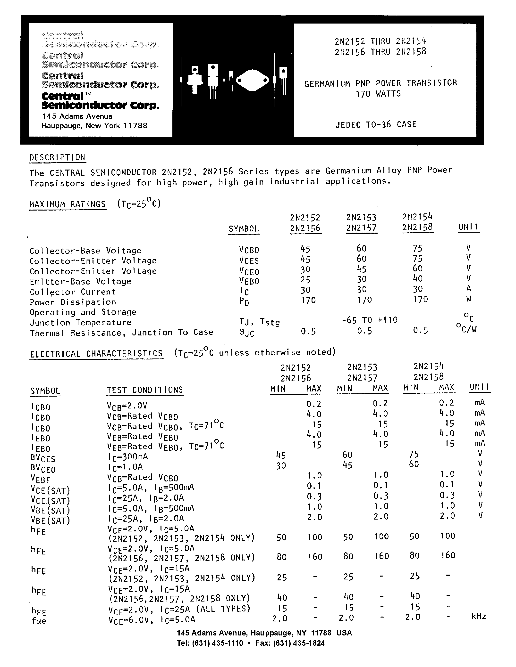 Datasheet 2N2152 - (2N2152 - 2N2158) Geranium PNP Power Transistor 170 W page 1