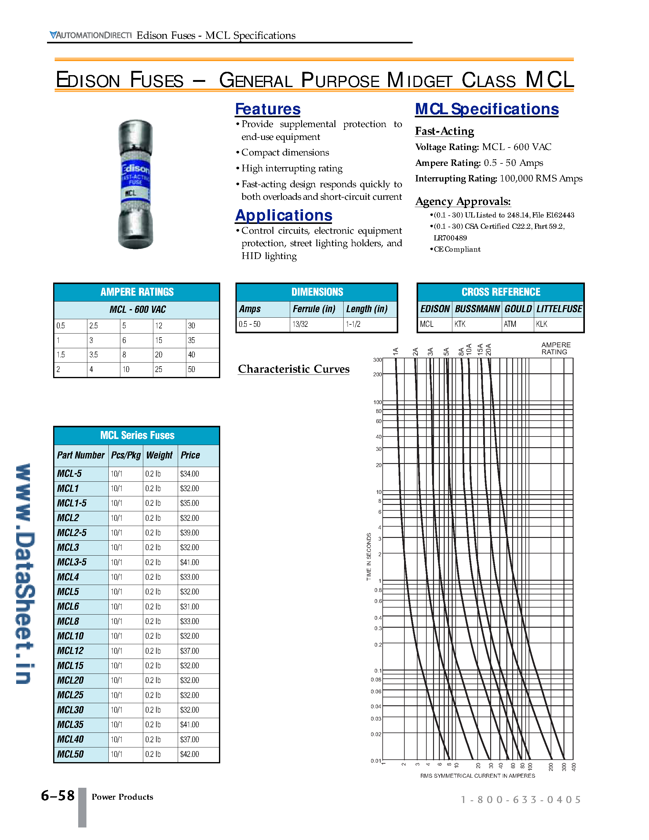 Datasheet MCL-5 page 1 Datasheet MCL-5 - (MCL1 - MCL50) Edison Fuses - General Purpose Midget Class MCL page 1