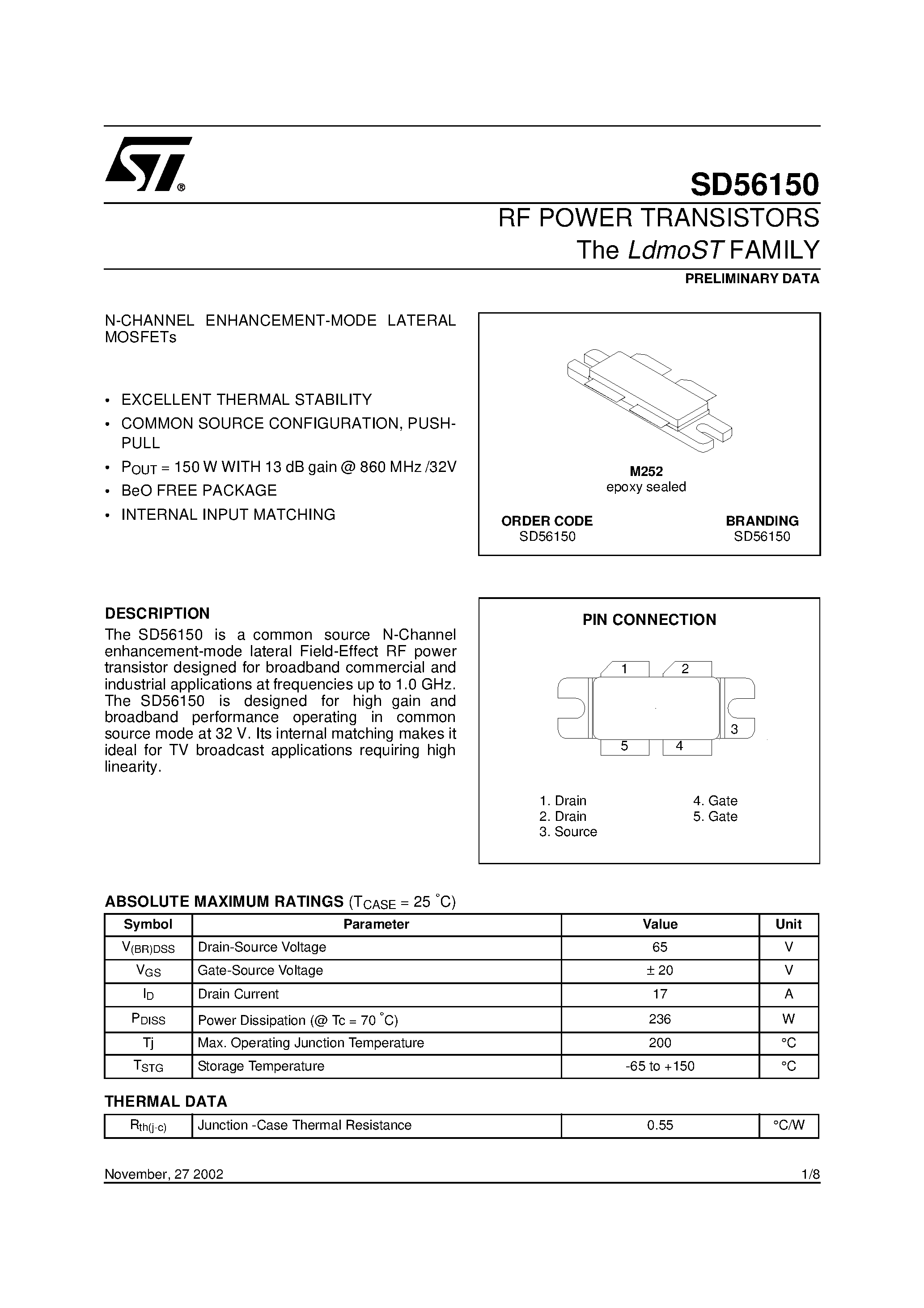 Datasheet SD56150 - RF POWER TRANSISTORS The LdmoST FAMILY page 1